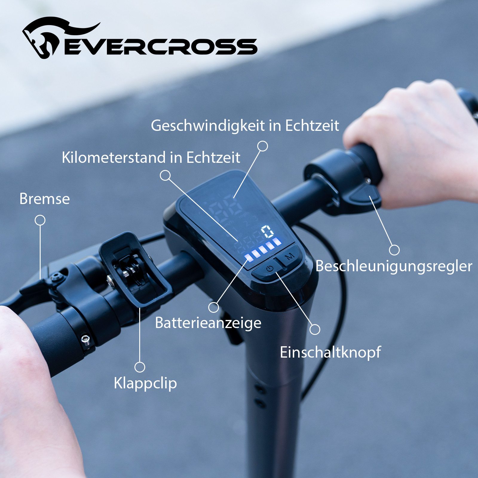 EVERCROSS TECH E-Scooter mit Straßenzulassung (ABE), 10" Runflat Reifen, Blinker, mit APP, 15,6AH Akku, 80KM/150KM, Handtasche, LED-Display