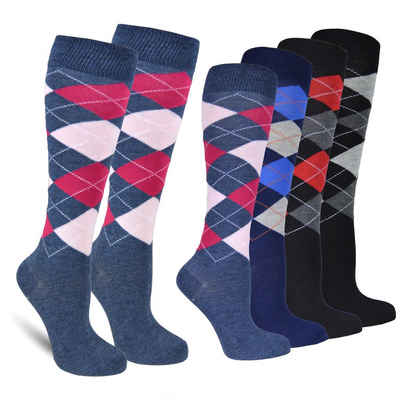 Socked Kniestrümpfe Damen Kniestrümpfe, Baumwolle (6-Paar, 4 verschiedene Farben) Baumwolle, lange Socken,Strümpfe, guter Halt, kniehoch, Uni / Karo