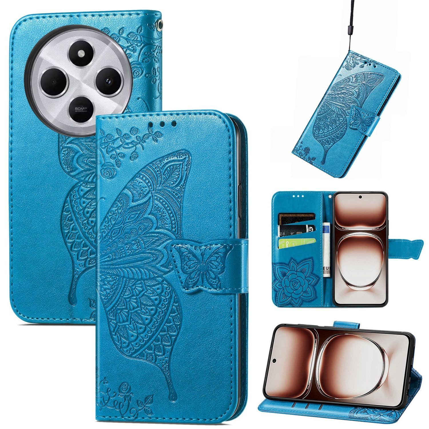 Wigento Smartphone-Hülle Für Xiaomi Redmi 14C Kunstleder Book Wallet Schmetterling Hülle Blau, Kunst-Leder Schutzhülle Smart Case Cover magnetischer Verschluss