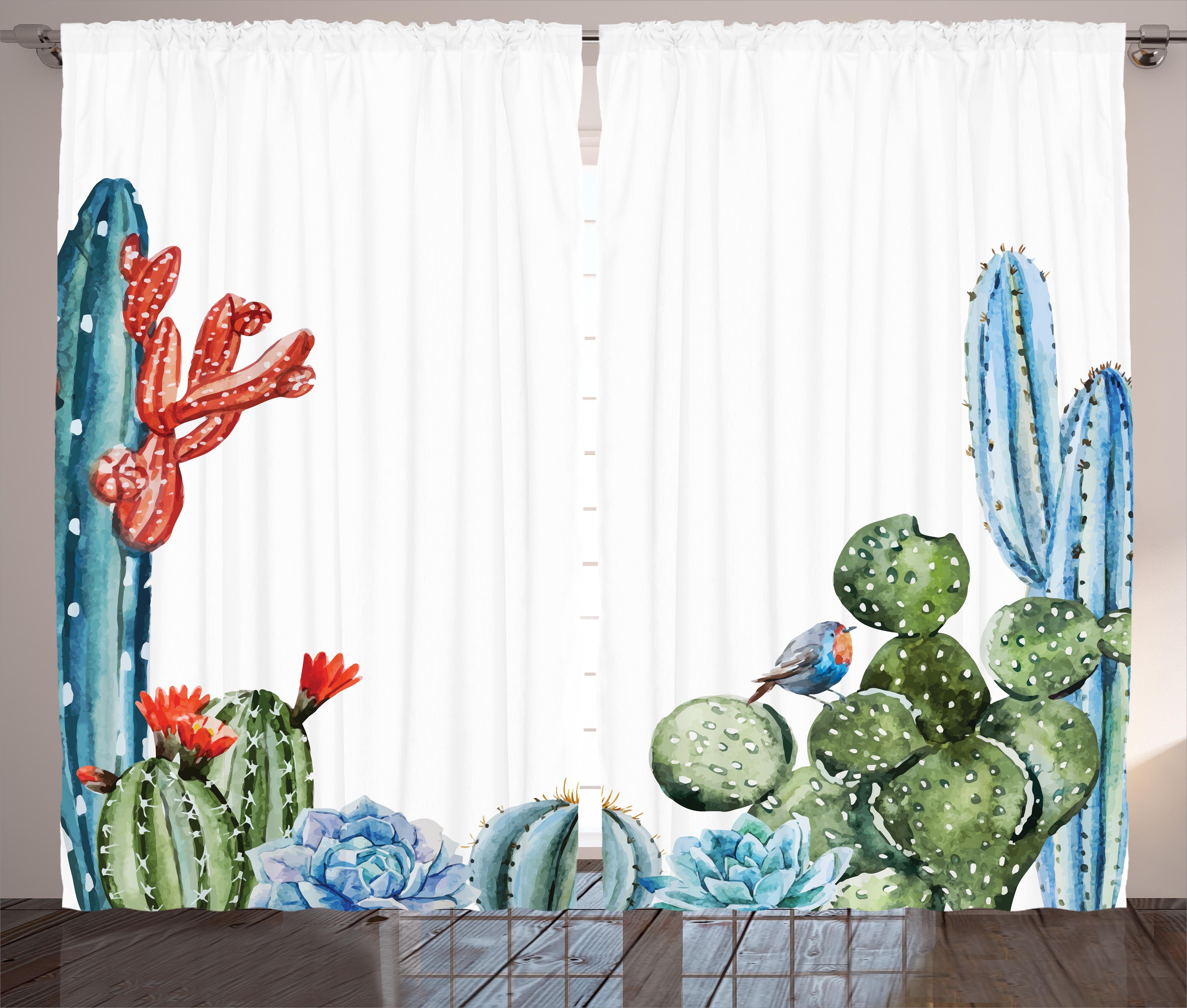 Gardine Kräuselband Vorhang Jahrgang Abakuhaus, Haken, Schlafzimmer und mit Kaktus-Blumen-Vögel Schlaufen