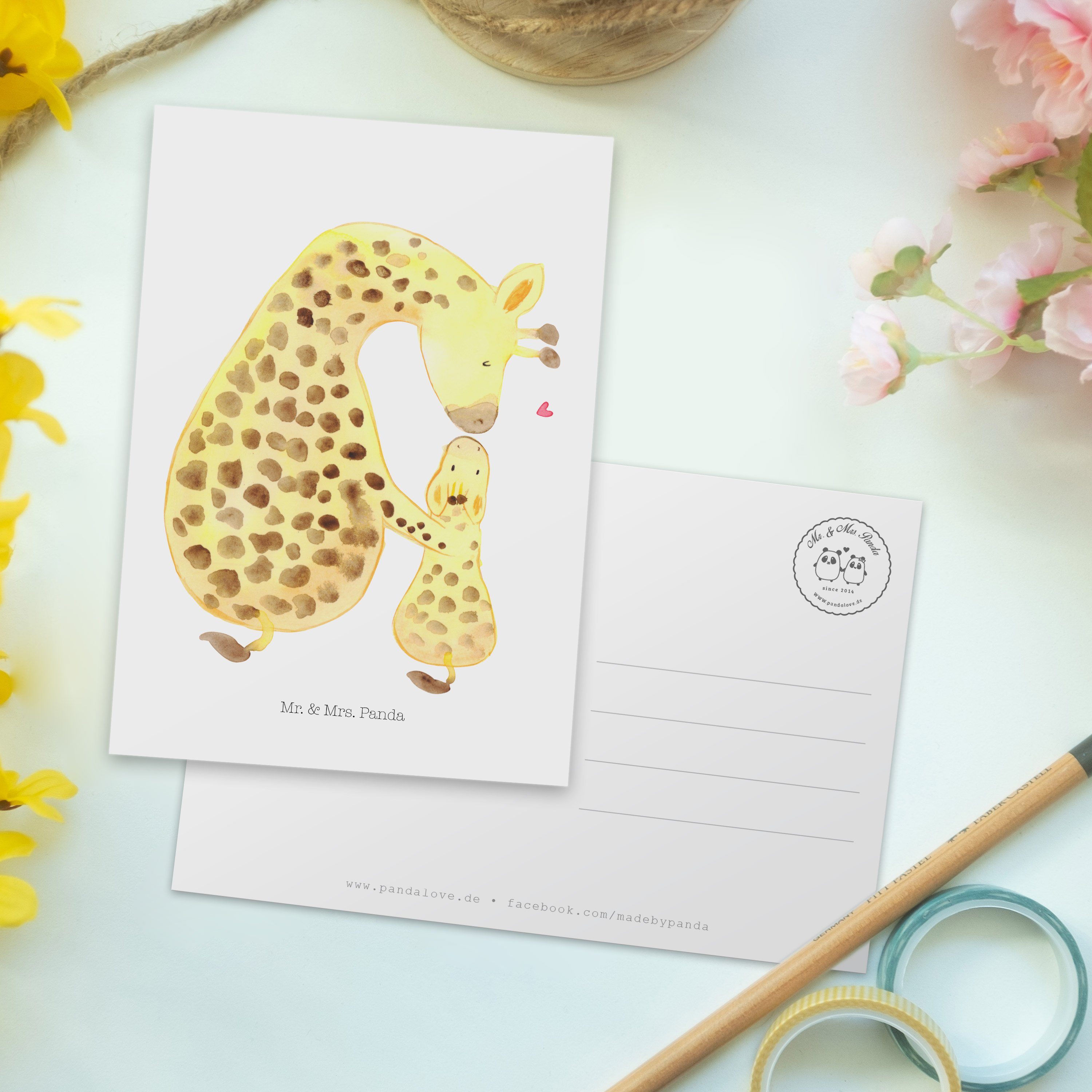 Grußkarte Mama, Geschenk, Postkarte Weiß Panda mit Lieblingsmensch, Mrs. - Mr. & Kind Giraffe -
