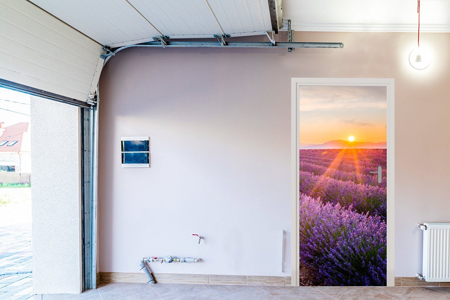 Fototapete Lavendel - Türtapete Matt, Sonnenuntergang Tür, St), Lila, Blumen für Türaufkleber, - cm bedruckt, 75x205 - MuchoWow (1