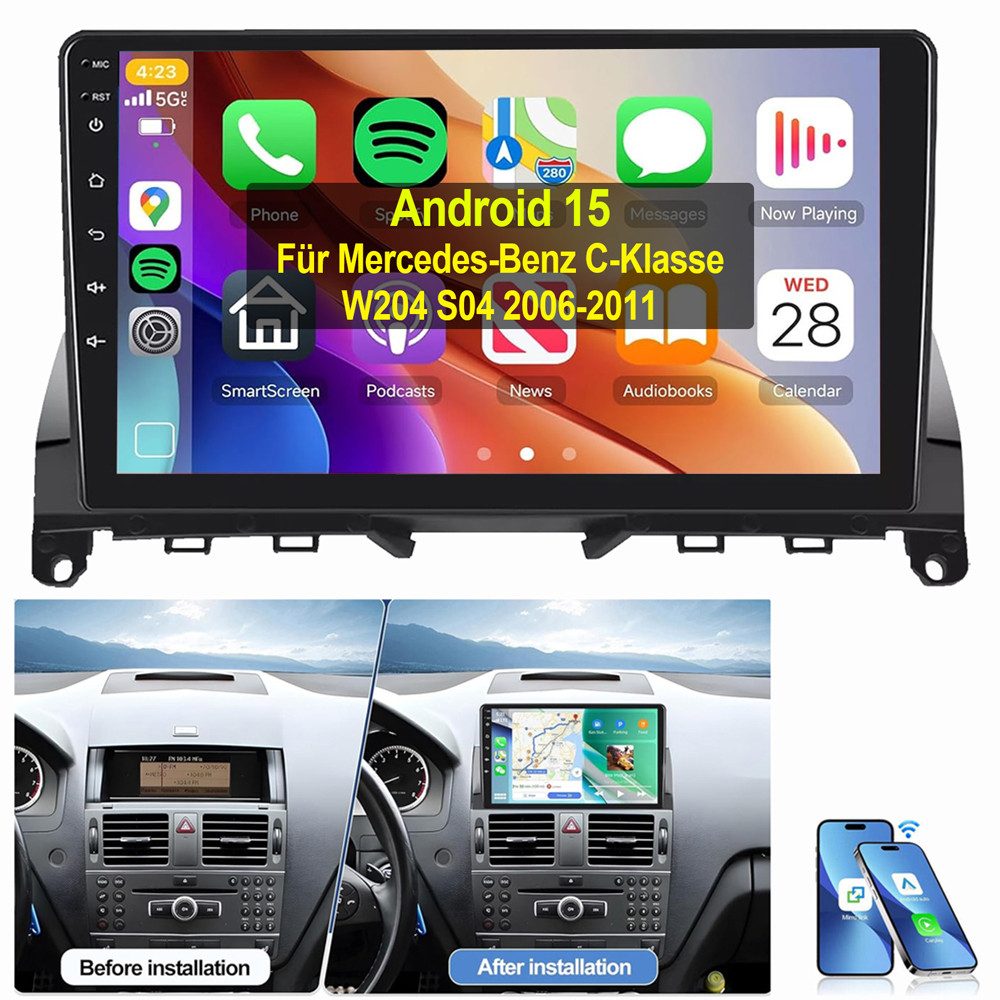 ESSGOO 9" Für Mercedes Benz C-Klasse W204 S204 WIFI GPS ASP Autoradio (RDS, Digitalradio (DAB), FM, Apple Carplay Android Auto GPS Navi WIFI BT EQ)