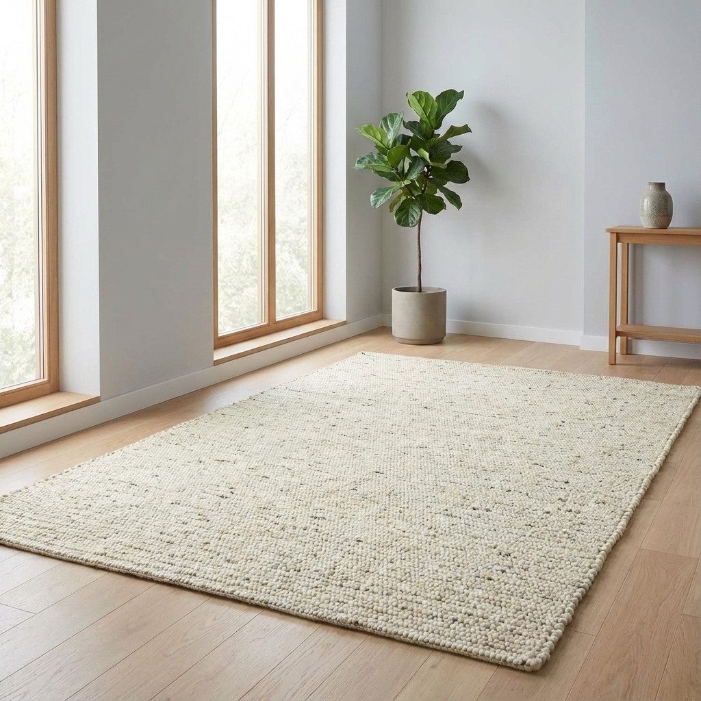 TaCa Home Wollteppich Gewalkter Handweb Woll-Teppich mit schwarzer Kette, rechteckig, Höhe: 13 mm, Schlafzimmer Kinderzimmer Wohnzimmer, natur meliert - 90 x 160 cm