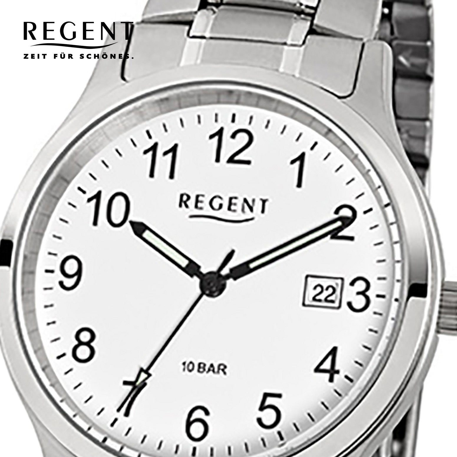 Edelstahlarmband Quarzuhr Regent (ca. 38mm), mittel rund, grau Herren Armbanduhr Herren-Armbanduhr Regent silber Analog,