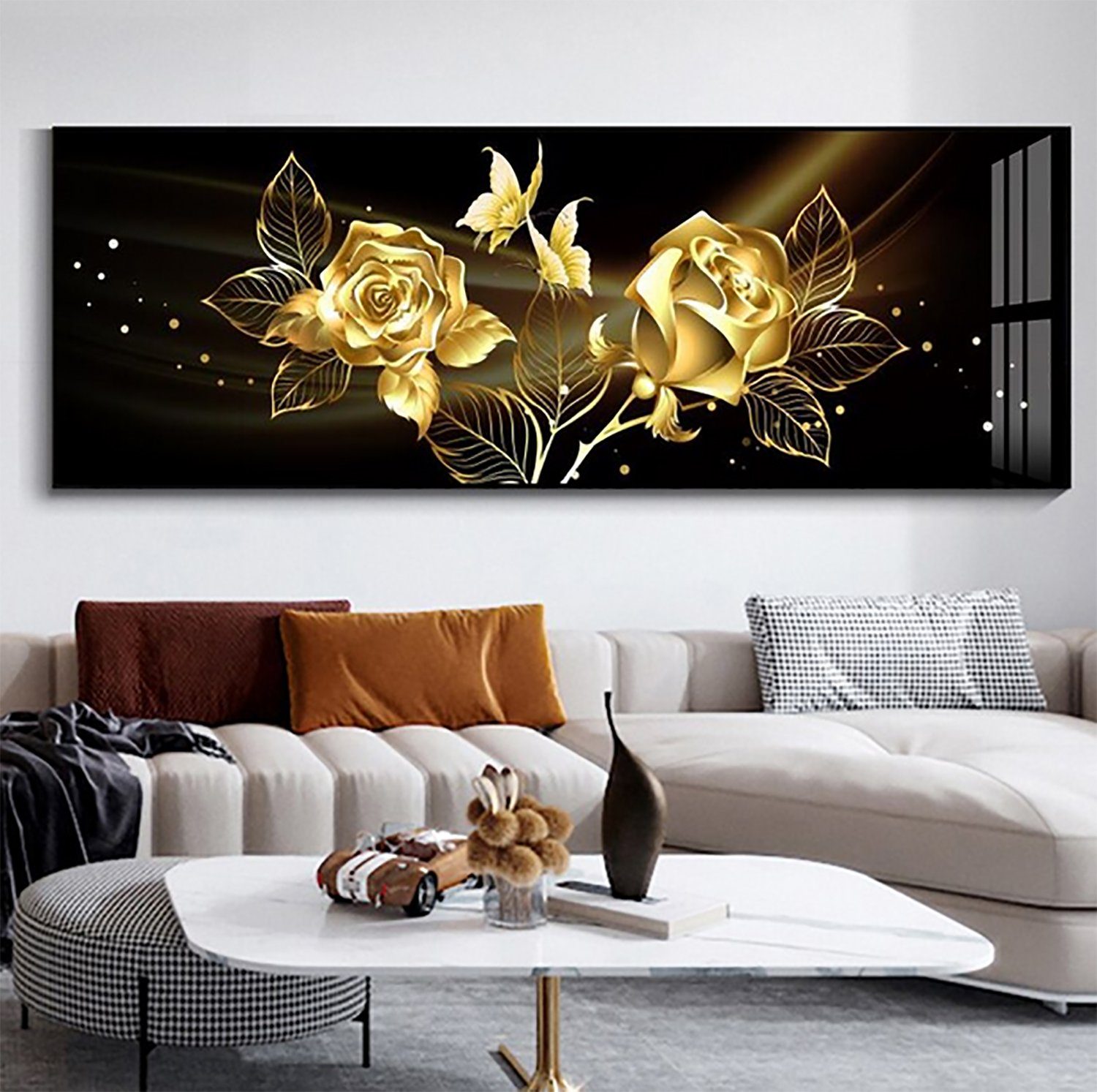 TPFLiving Kunstdruck (OHNE RAHMEN) Poster - Leinwand - Wandbild, Außergewöhnliche Blumenmotive in Breitbild-Format - (Leinwand Wohnzimmer, Leinwand Bilder, Kunstdruck), Farben: Gold, beige, rot, blau, weiß und rosa - Größe 20x60cm