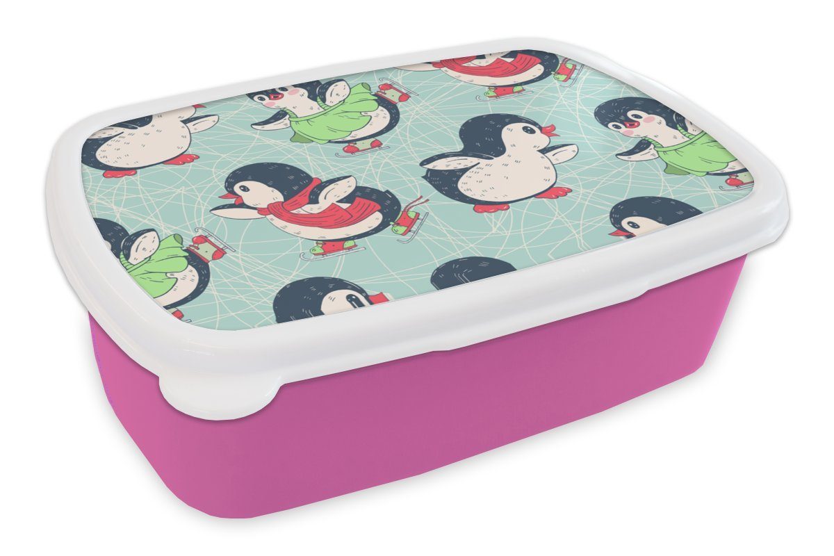 MuchoWow Lunchbox Pinguin - Schlittschuhe - Design, Kunststoff, (2-tlg), Brotbox für Erwachsene, Brotdose Kinder, Snackbox, Mädchen, Kunststoff rosa