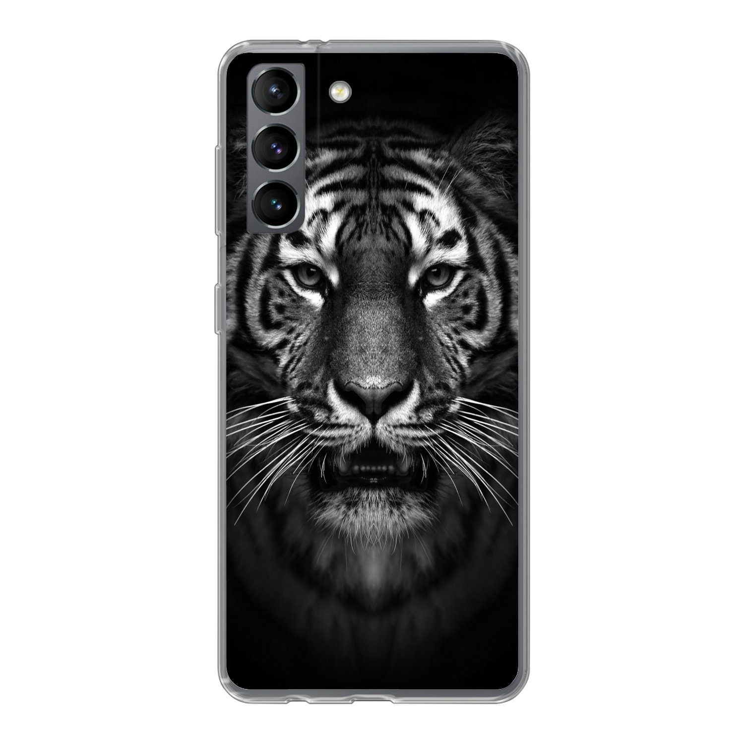 MuchoWow Handyhülle für Samsung Galaxy S21 Tiger - Tiere - Schwarz - Weiß - Porträt - Wild, Phone Case, Silikon, Schutzhülle Dünn