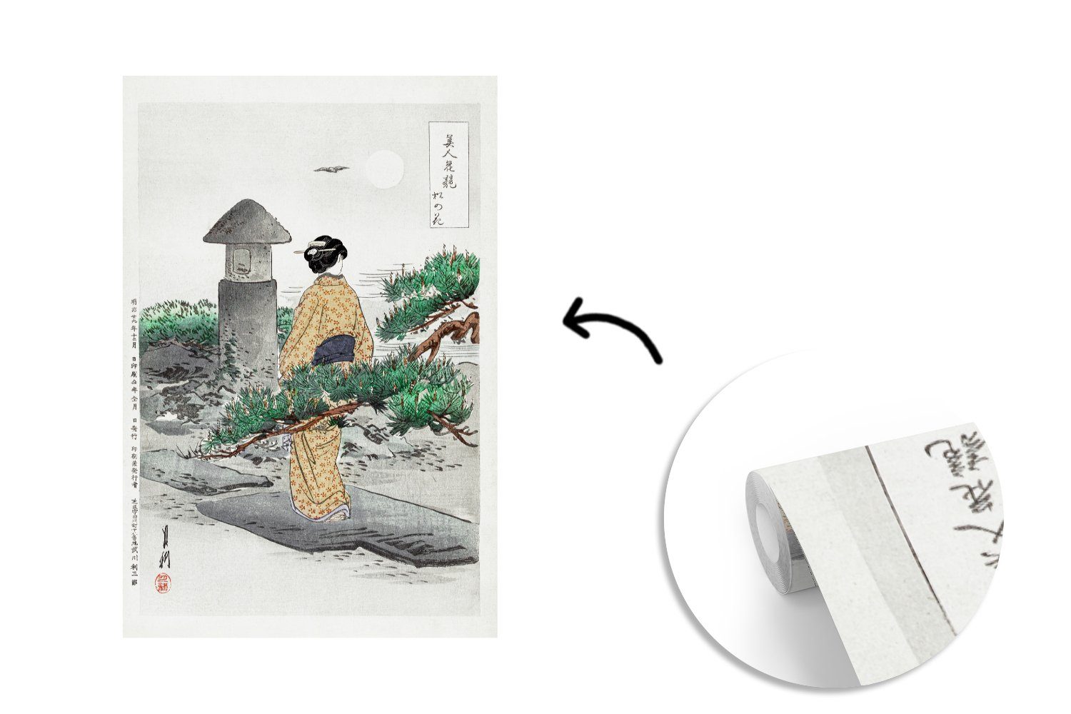 Garten, (3 Natur Matt, - Fototapete Wandtapete bedruckt, - St), - MuchoWow Tapete Japan Vinyl - für Kimono Frau Wohnzimmer, Montagefertig