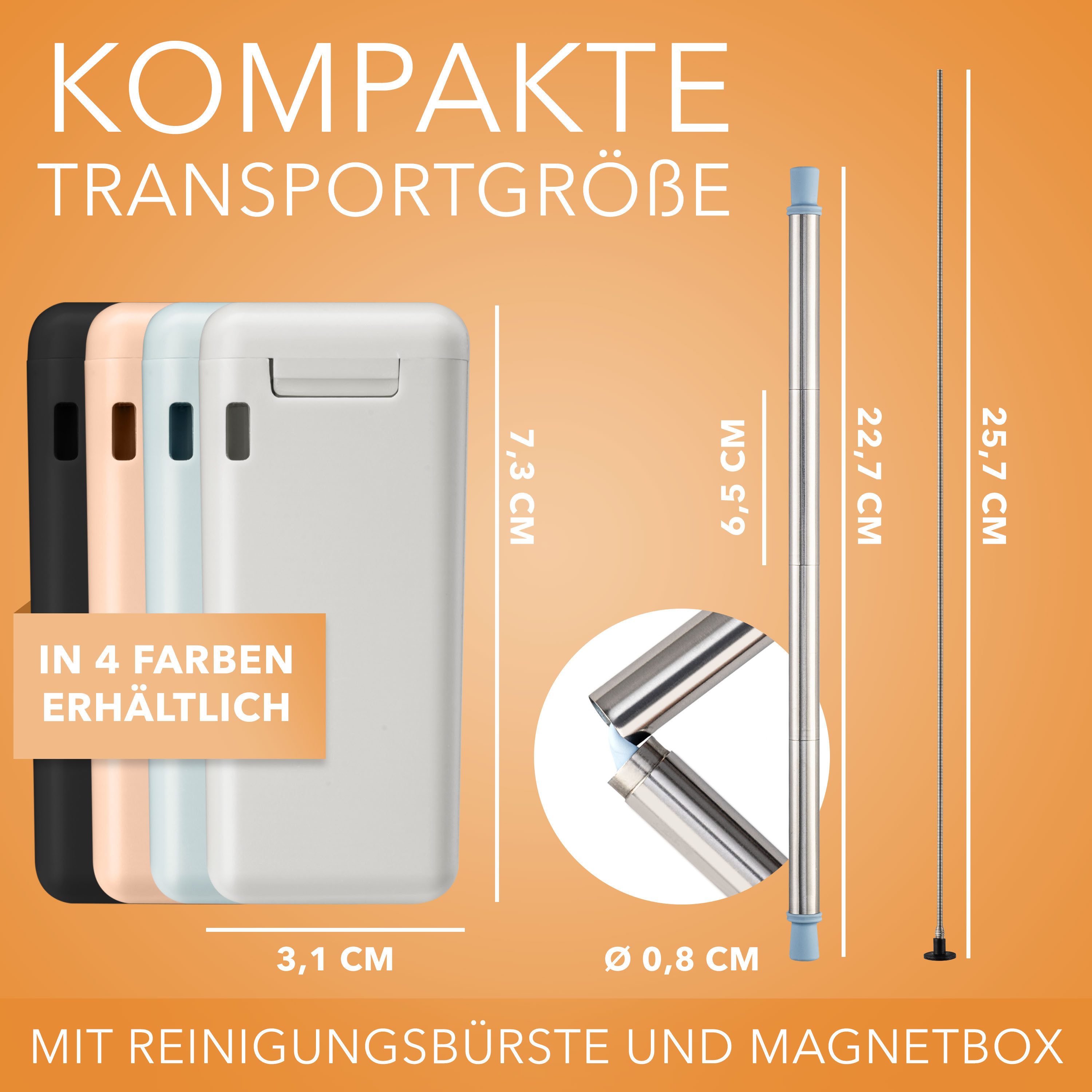 AVANA Trinkhalme wiederverwendbare Edelstahl Strohhalme faltbare Silikon Trinkhalme, (2er Set), BPA-frei, mit Reinigungsbürste und Magnetbox – Bild 4 von 5