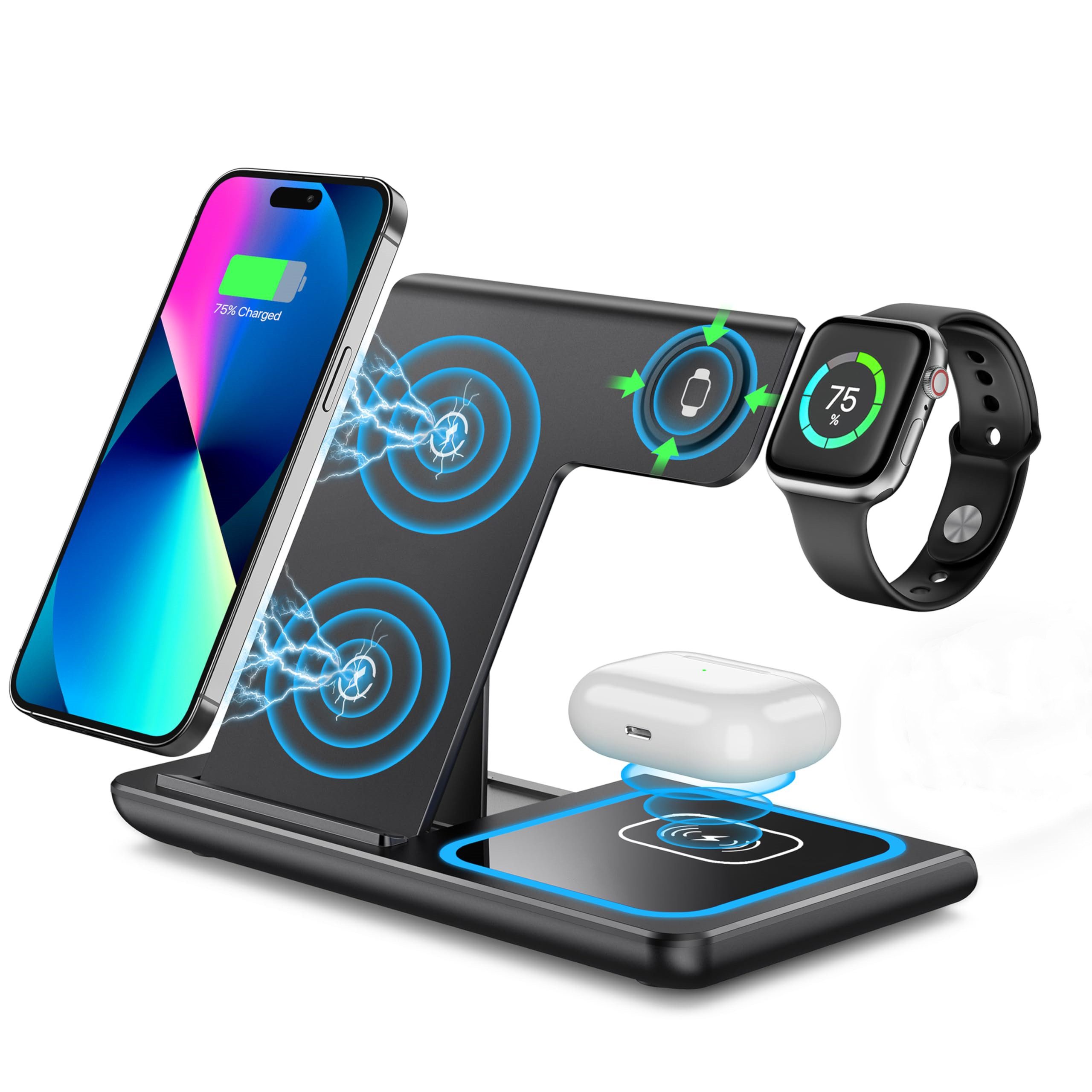 Forrlite Kabelloses Ladegerät,Induktive Ladestation 4 in 1, Induktions-Ladegerät (Induktions-Ladegerät (Wireless Charger für Apple Watch und iPhone,MagSafe Ladegerät/ladestation Apple Watch und iPhone/Induktive Ladestation Wireless Charger Einstellbar/schneller kabelloser Ladeständer für iPhone14/13/12/11/Pro/Max/Mini/XS/XR/X/8/Plus Serie,Apple Watch Ultra/8/7/6/Se/5/4/3/2,AirPods 3/2/Pro,Samsung Galaxy S23 S22 Ultra S21 S20 Z Flip 4 3 Z Fold 4 3 Note20 Samsung/HUAWEI/XIAOMI Serie,Huawei)