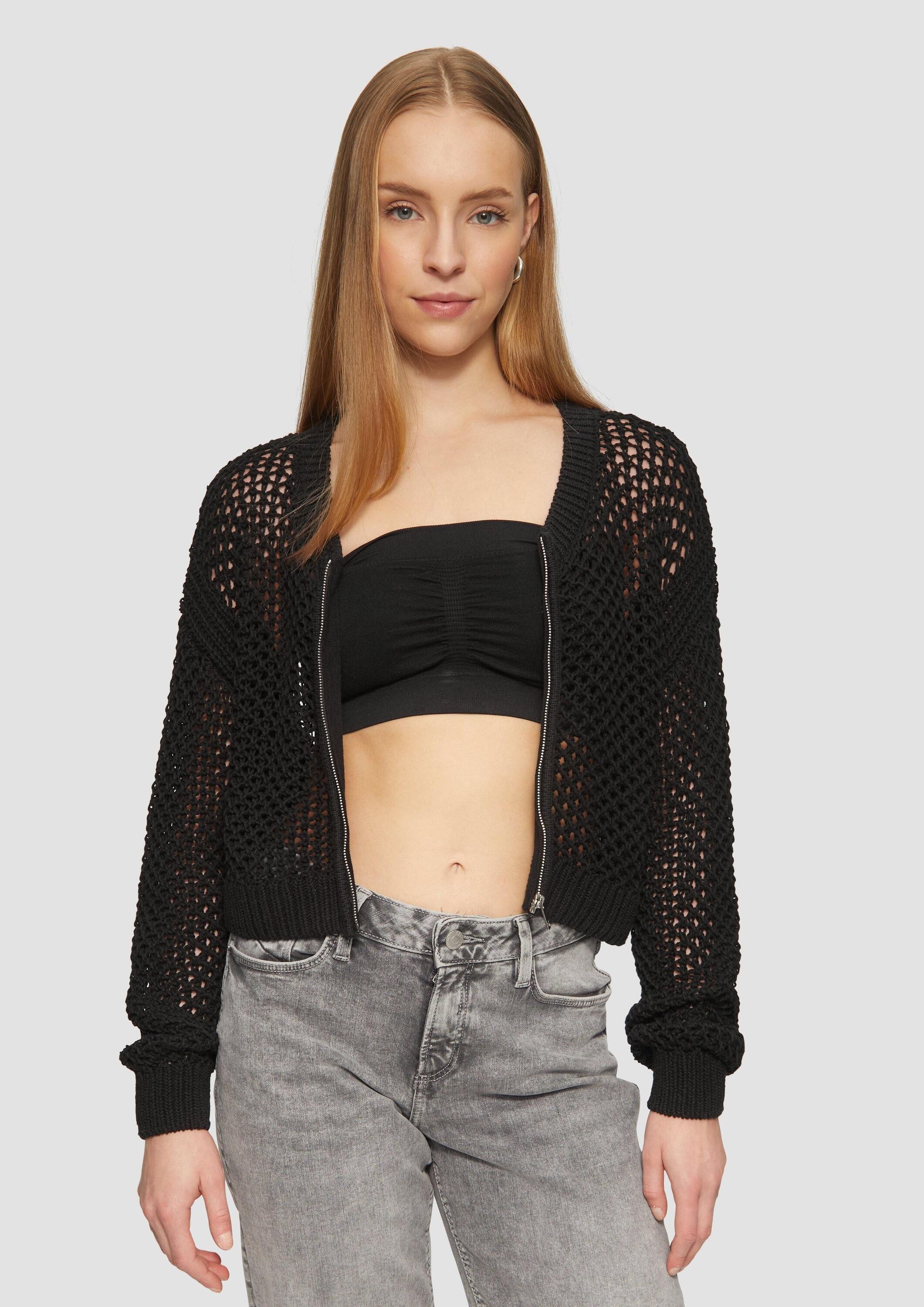 QS Cardigan Strickjacke Boxy Strickjacke in Häkeloptik