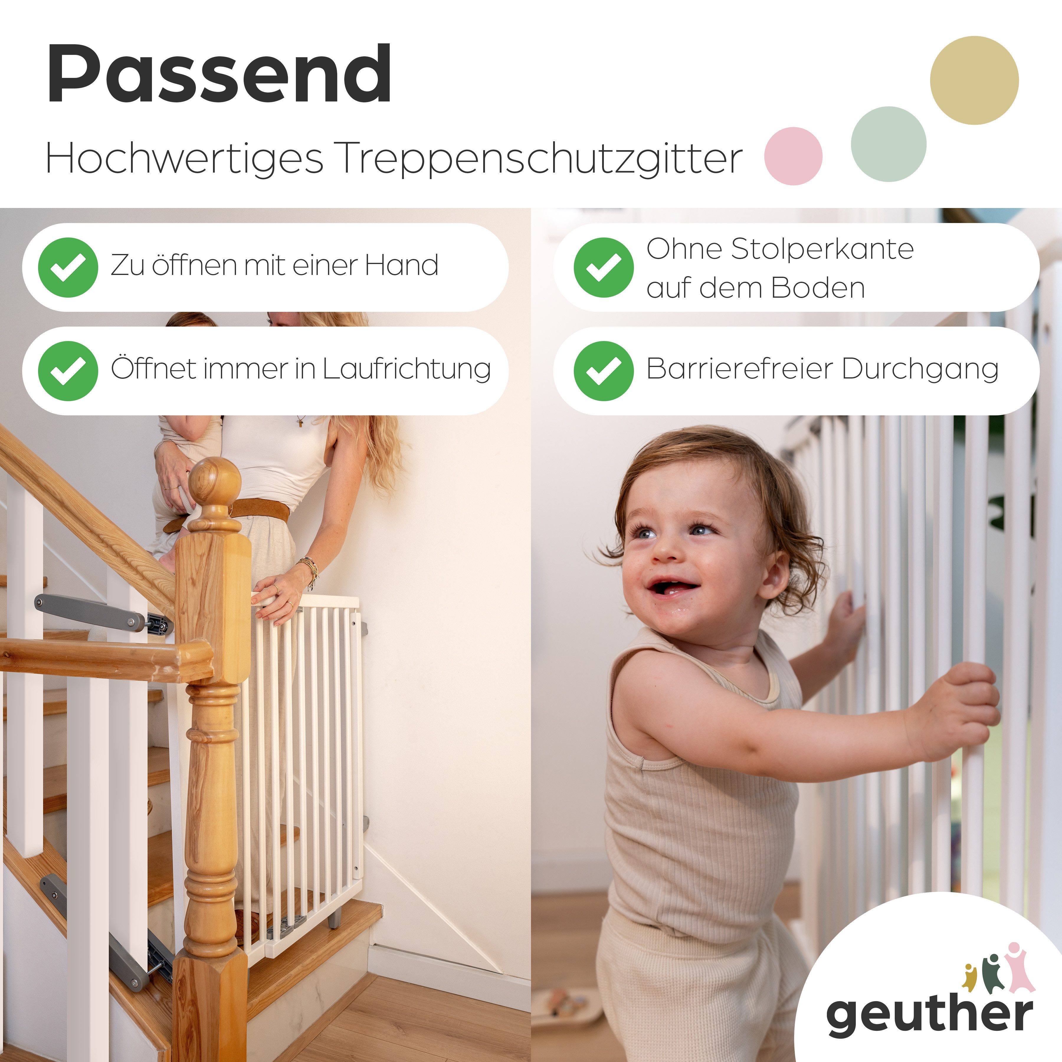 Geuther Treppenschutzgitter Oris zum Bohren 67-135 cm Weiß, Für Erwachsene leicht zu öffnen