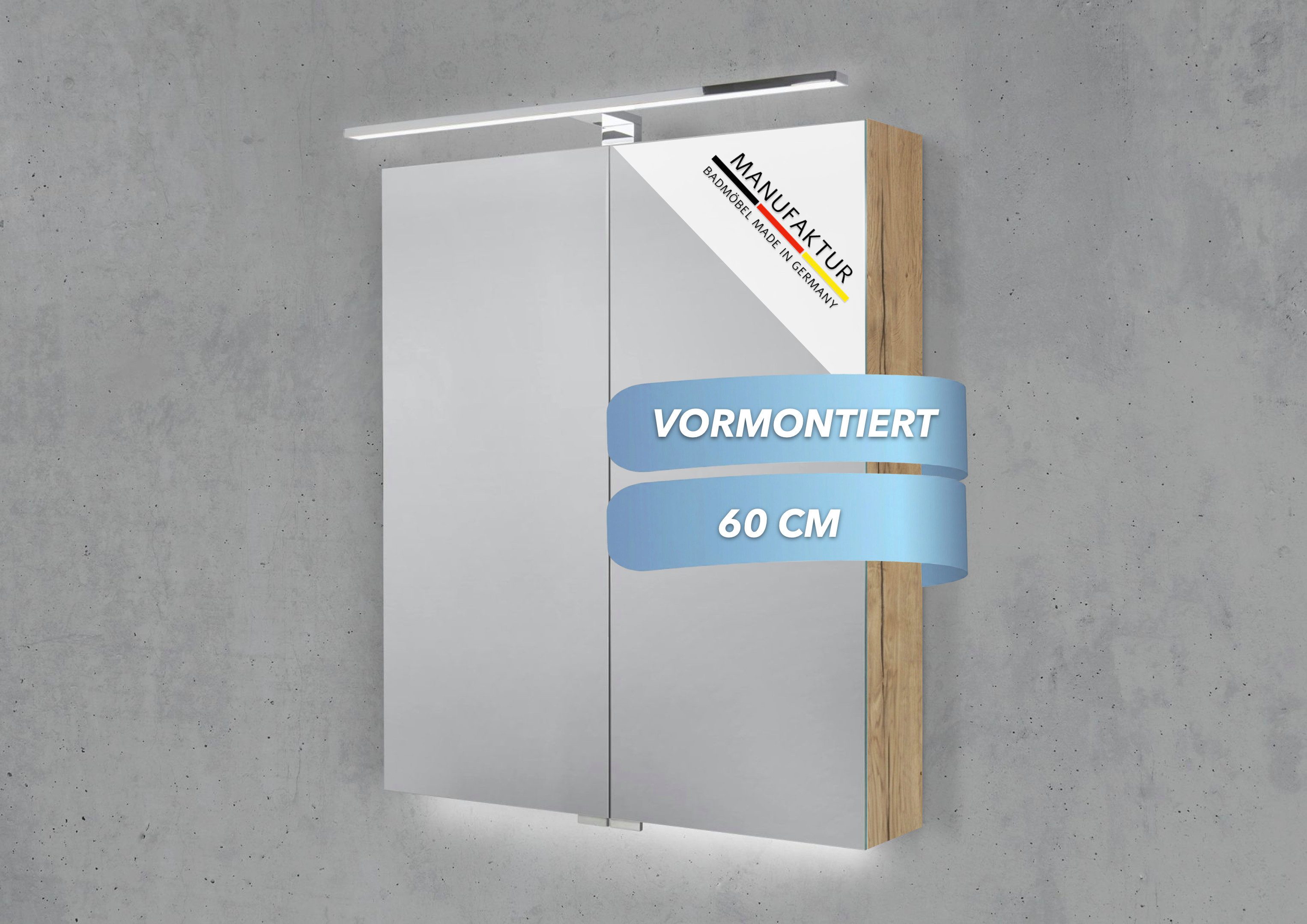 Intarbad Badezimmerspiegelschrank 2-türiger Spiegelschrank mit schmaler MULTI LED Aufsatzleuchte dimmbar (Doppelspiegeltüren, Holz-/ Lackdekore, Maße von 60 bis 120 cm wählbar, Höhe 70 cm, Glasfachböden, Magnetleiste & Kosmetikspiegel Ø 12 cm) Vormontierte Lieferung, Floatglas, 160 kg Traglast, Made in Germany