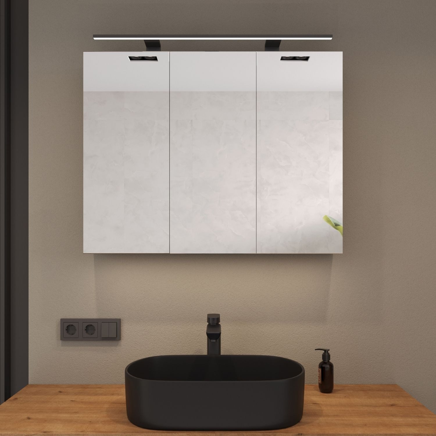 Planetmöbel Spiegelschrank Spiegelschrank ARIA (Spiegelschrank Bad 90 cm mit Beleuchtung und Steckdose, Badspiegelschrank 2-türig) gold eiche