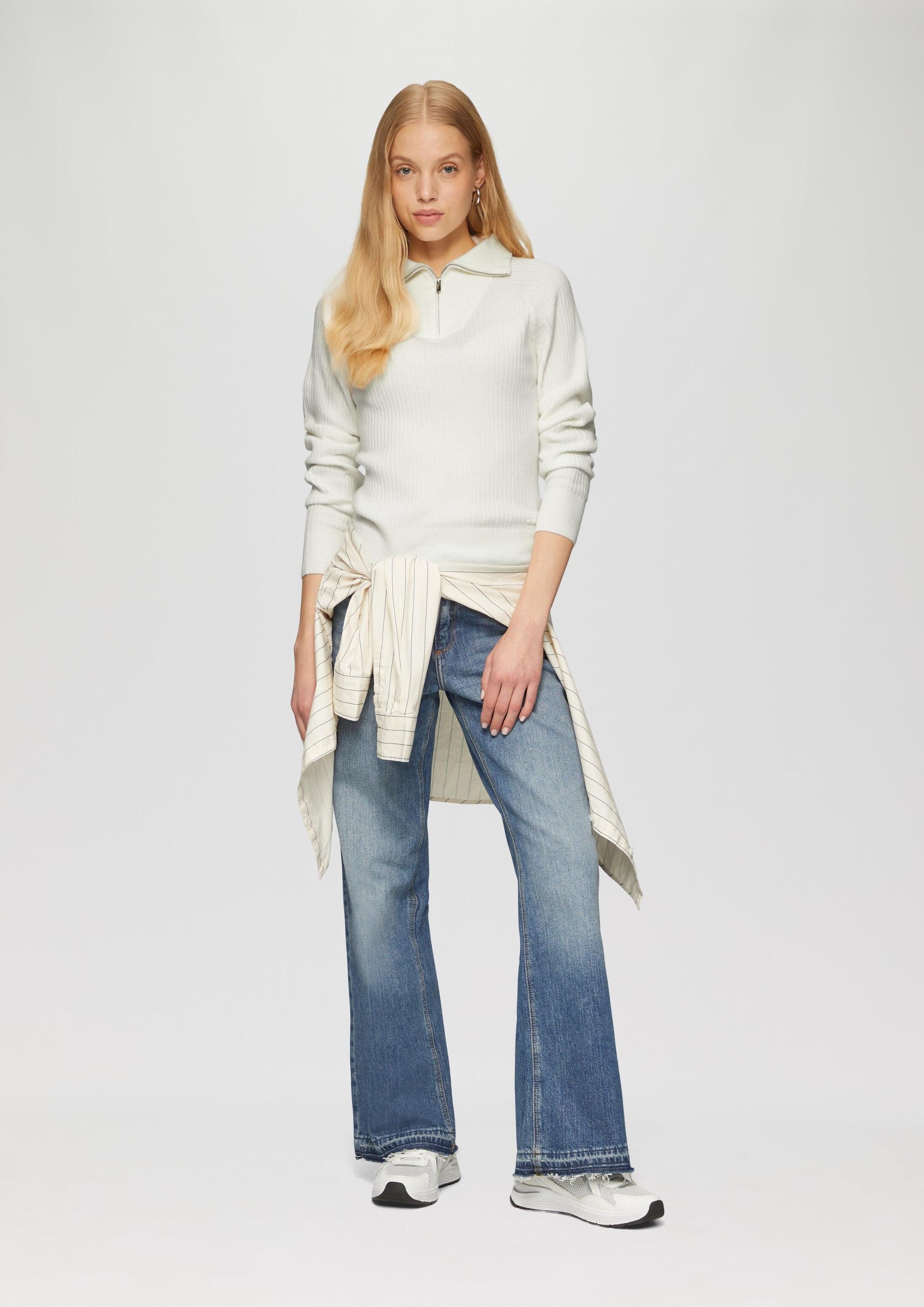 QS Longpullover Strickpullover Schmaler Pullover mit Troyer-Kragen