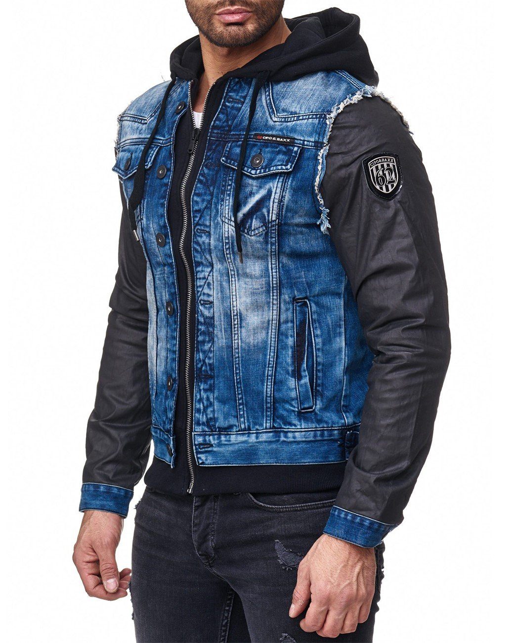 Cipo & Baxx Jeansjacke Kapuzen Denim Jacke BA-C-1290 mit Metall Patch am Oberarm