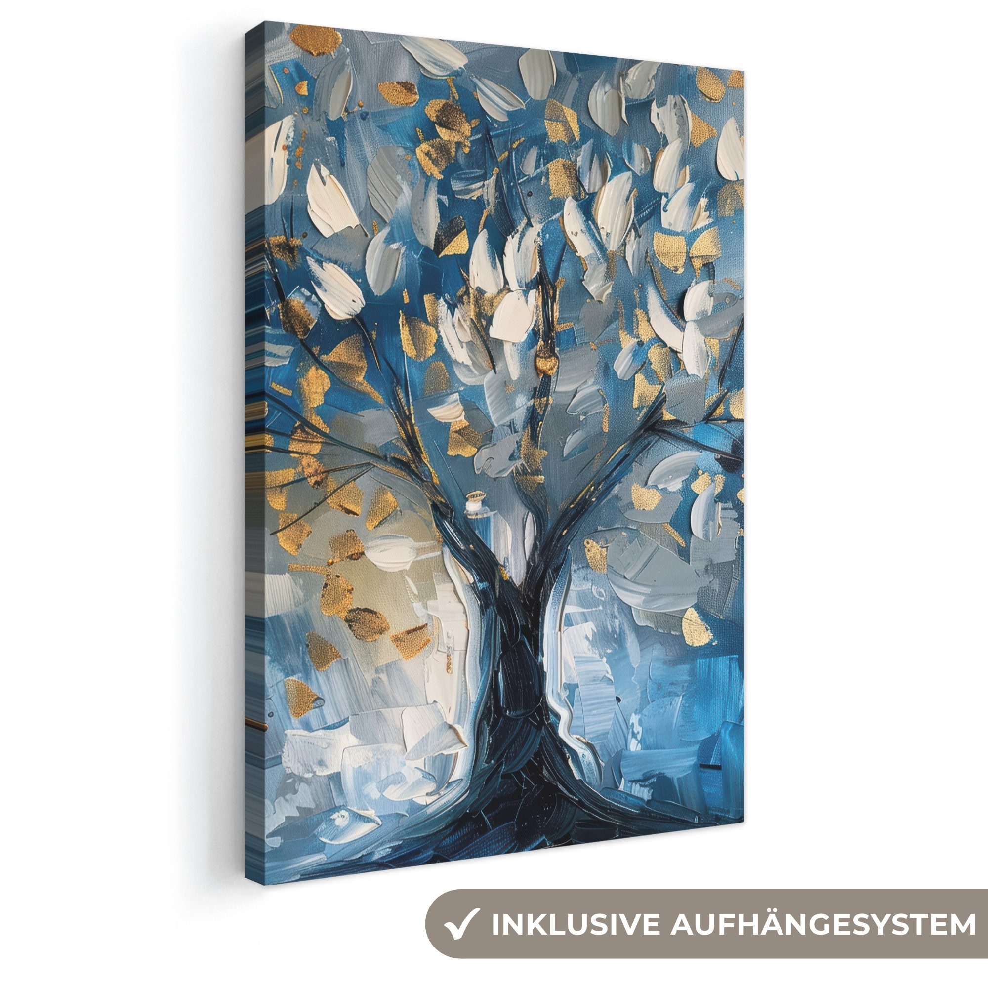 OneMillionCanvasses® Leinwandbild Baum - Blau - Gold - Abstrakt - Modern, Fotodruck (1 St), Leinwand Canvas Wandbild, Wanddekoration 20x30 cm