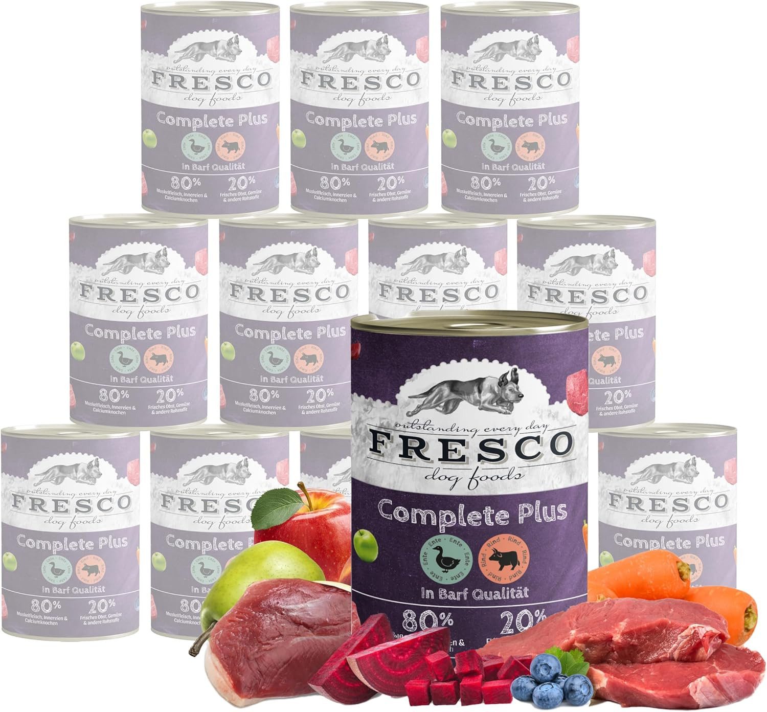 Fresco Dog NassBarf Premium Hundefutter Nass 12 x 400g Ente mit Rind, Nassfutter für: Hunde, Getreidefrei, zuckerfrei, hoher Fleischanteil