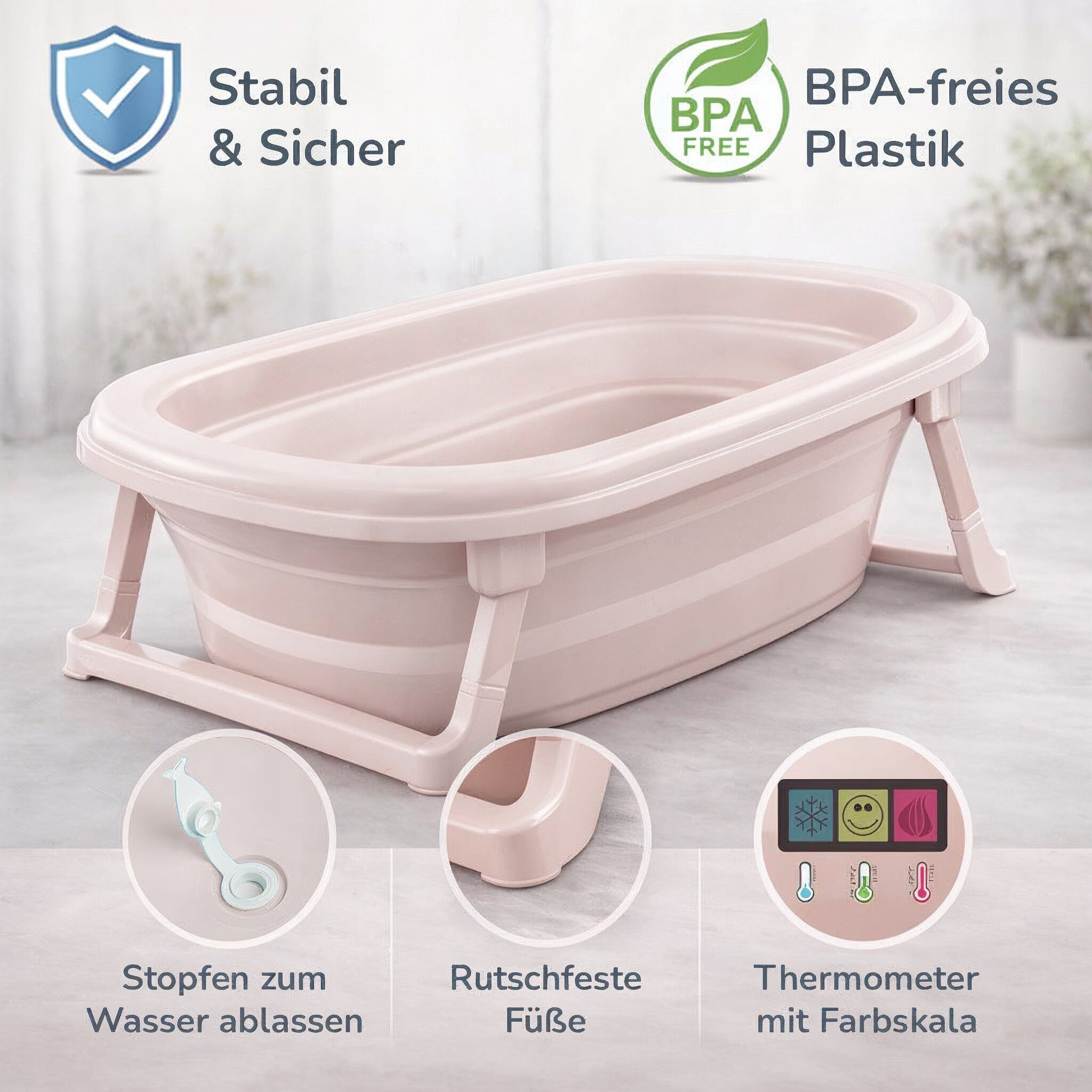 Babykajo Babybadewanne, (1-tlg), Faltbare Babybadewanne mit integriertem Thermometer und Abfluss