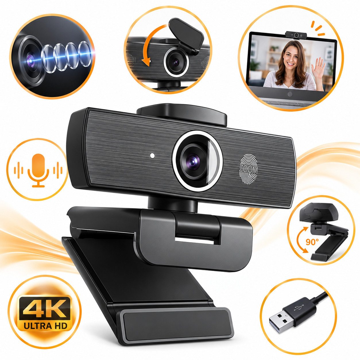 MOPUEA Webcam 4K PC Kamera Streaming Autofokus Zoom Dual Mikrofon USB Netzwerkplayer (Webkamera für, Computer, Laptop, Desktop, Konferenz,Autofokus Kamera)