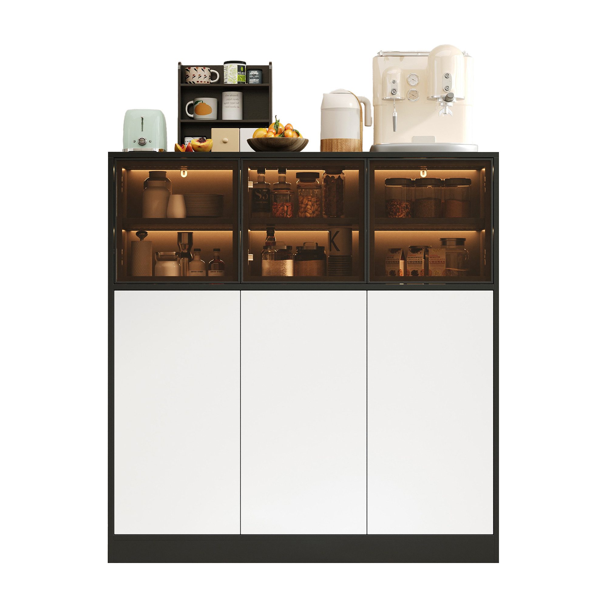 i@home Sideboard Küchenschrank, mit Beleuchtung, mit 3 Glastüren, 3 weiße T günstig online kaufen