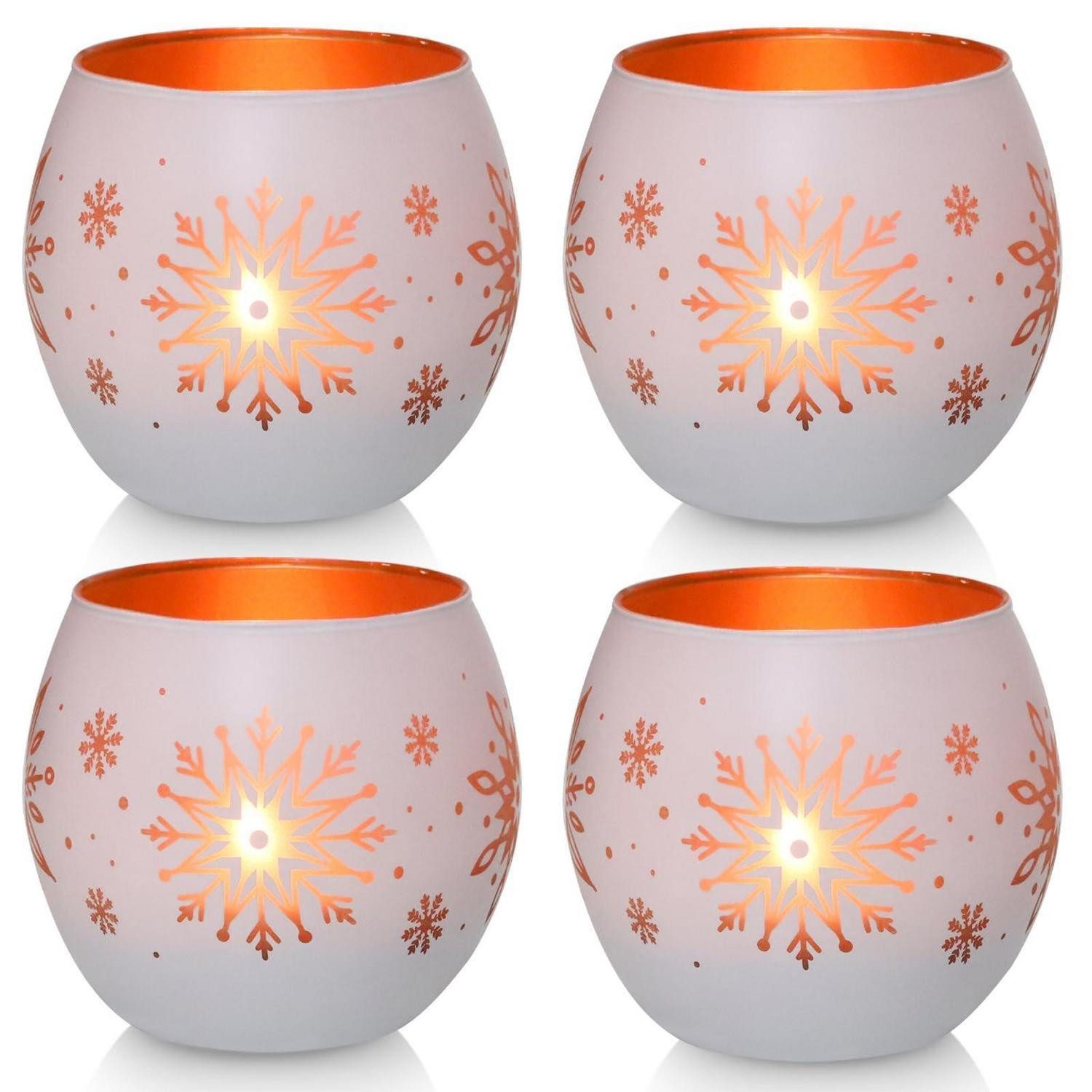 LuxusKollektion Teelichthalter Teelichthalter Glas Schneeflocke 4er Set Gold Weiss