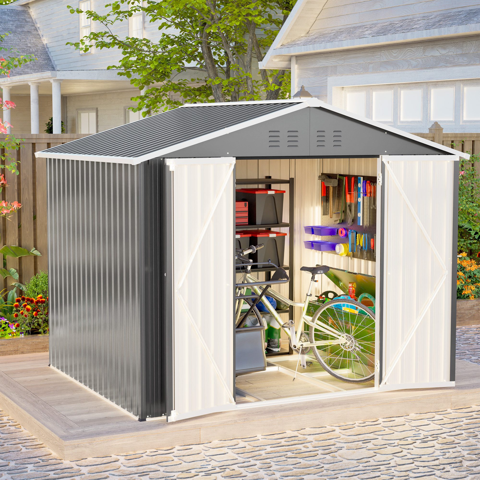 Blossom Gartenhaus Gerätehaus Metall Geräteschuppen 240x192x191 cm, Satteldach, Anthrazit, Gartenhaus 8x6 FT mit Flügeltüren, Grundrahmen & Belüftung, wetterfest