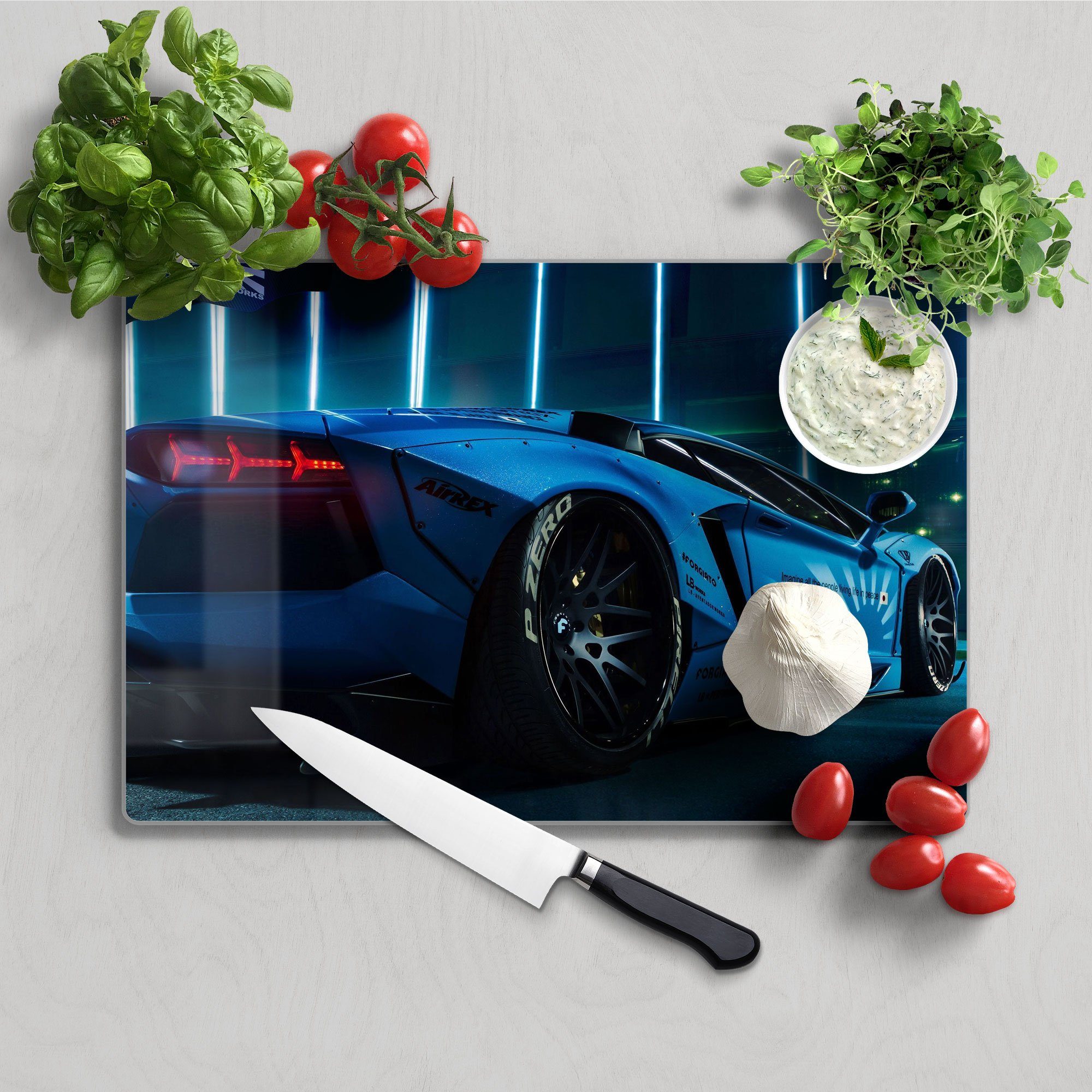 DEQORI Schneidebrett 'Lamborghini Aventador', Glas, Platte Frühstücksbrett Schneideplatte
