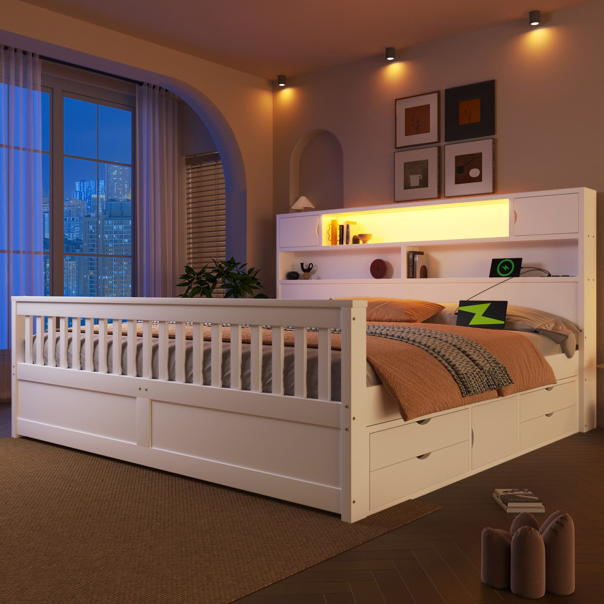 Merax Massivholzbett mit LED-Kopfteil & USB-Anschluss (Plattformbett Bettgestell Doppelbett aus Holz, 1-tlg), 180x200cm mit 4 Schubladen, Stauraumregalen, Bücherregal & Ablagen