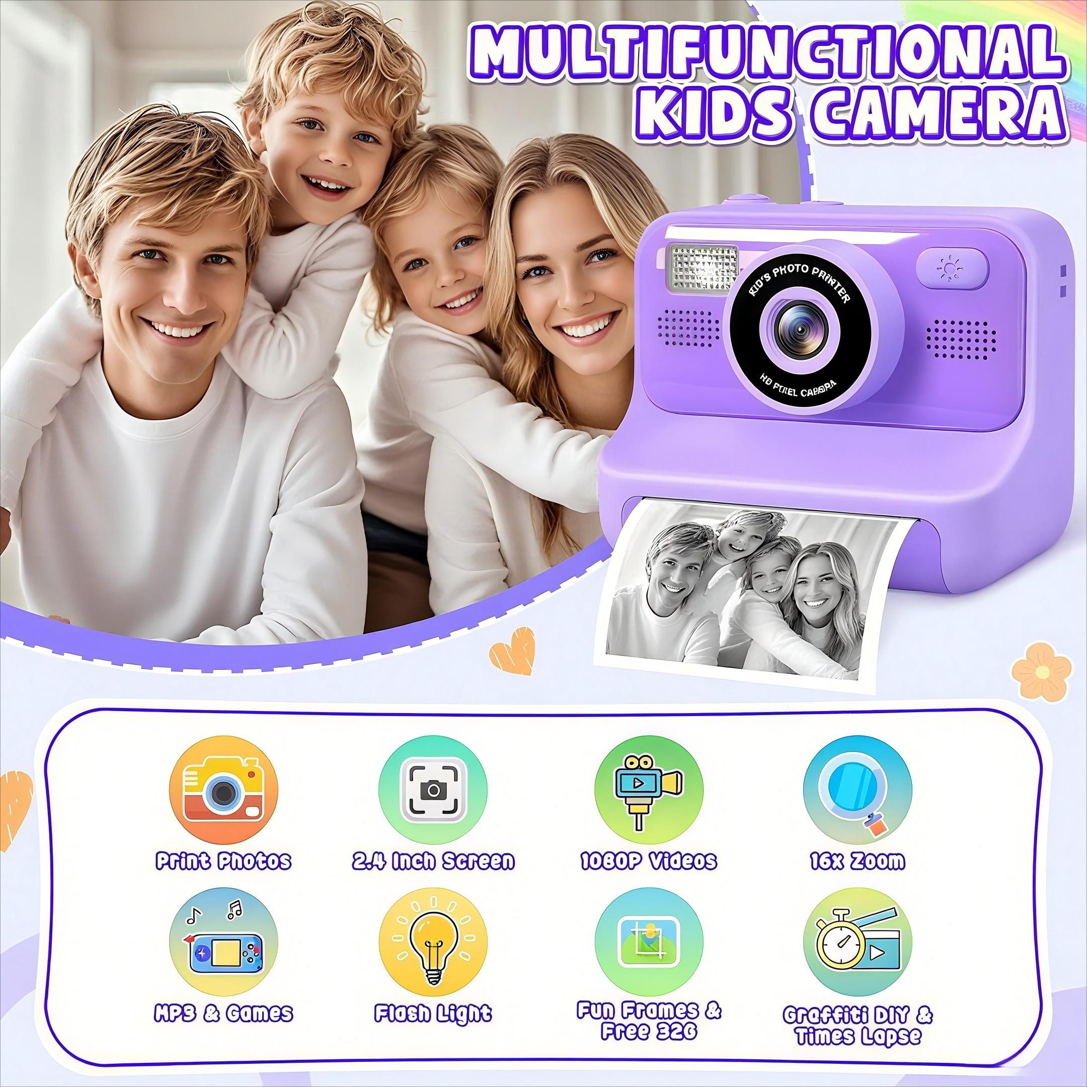 POPOLIC 1080P Kinderkamera - Selfie Digitalkamera Kinder mit 32GB Sofortbildkamera (inkl. Lila, Geburtstagsgeschenk Spielzeug ab 3-11 Jahre Mädchen Jungen)