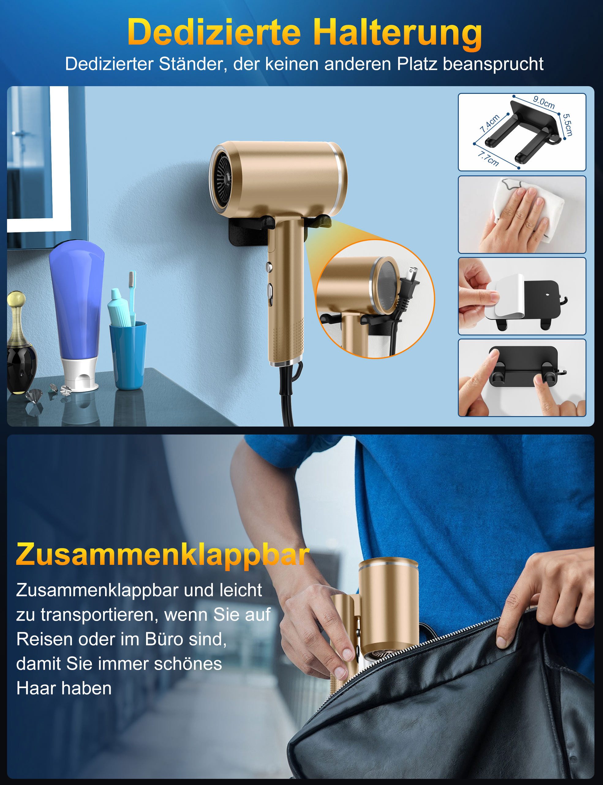 ibettertec Haartrockner Haartrockner Föhn Ionen,klappbar,mit 3 Stylingdüse, 2400 W, Schnelltrocknen Hair Dryer Mit 6 Temperatureinstellungen, Reiseföhn Hairdrye – Bild 4 von 5