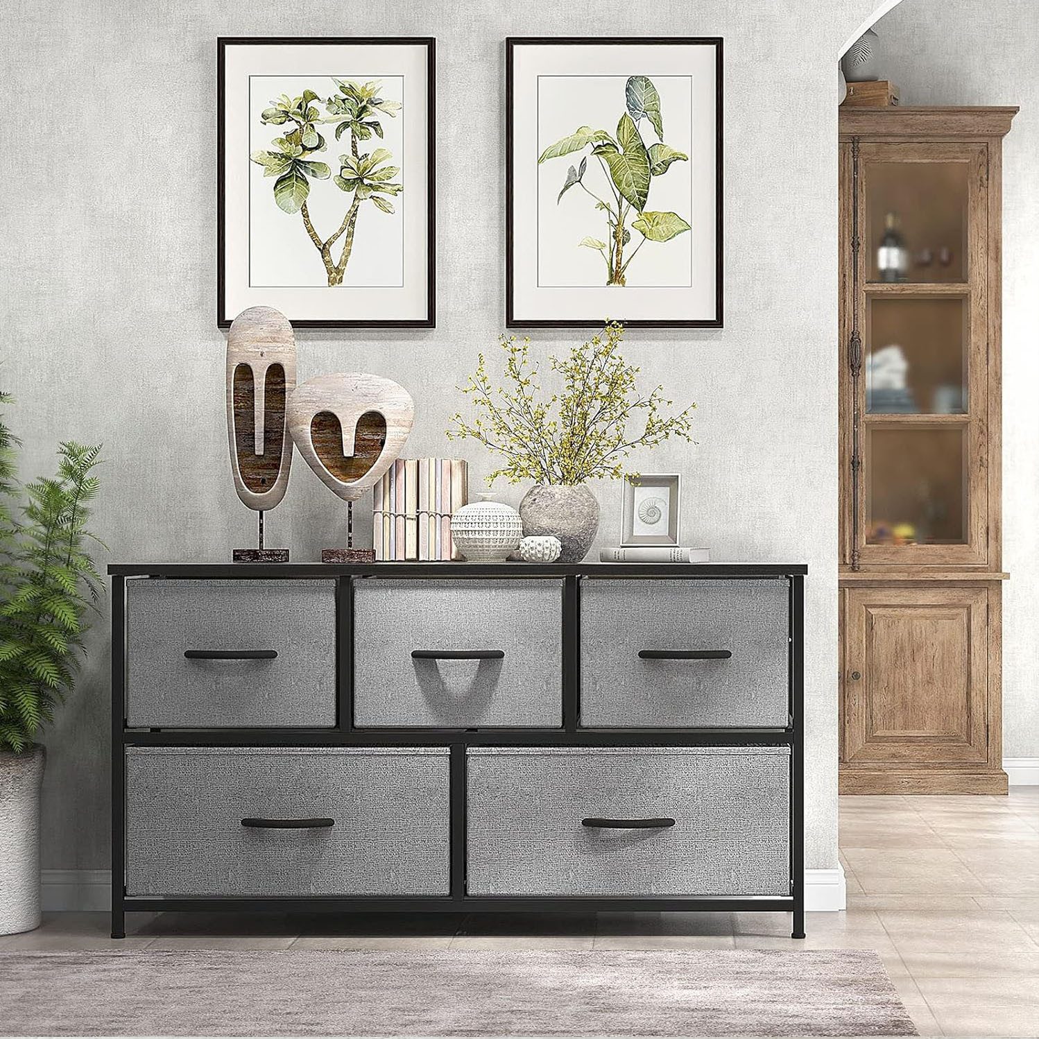 Refined Living Kommode Schubkastenkommode mit 5 Schubladen Stoffkommode stabilem Stahlrahmen (Sideboards mit Holzplatte und leicht zu ziehendem Griff für Schränke, Große Kapazität, Aufbewahrung von Kinder- und Erwachsenenkleidung), wasserdicht Geeignet für Wohnzimmer, Kinderzimmer, Flur, Schlafzimmer