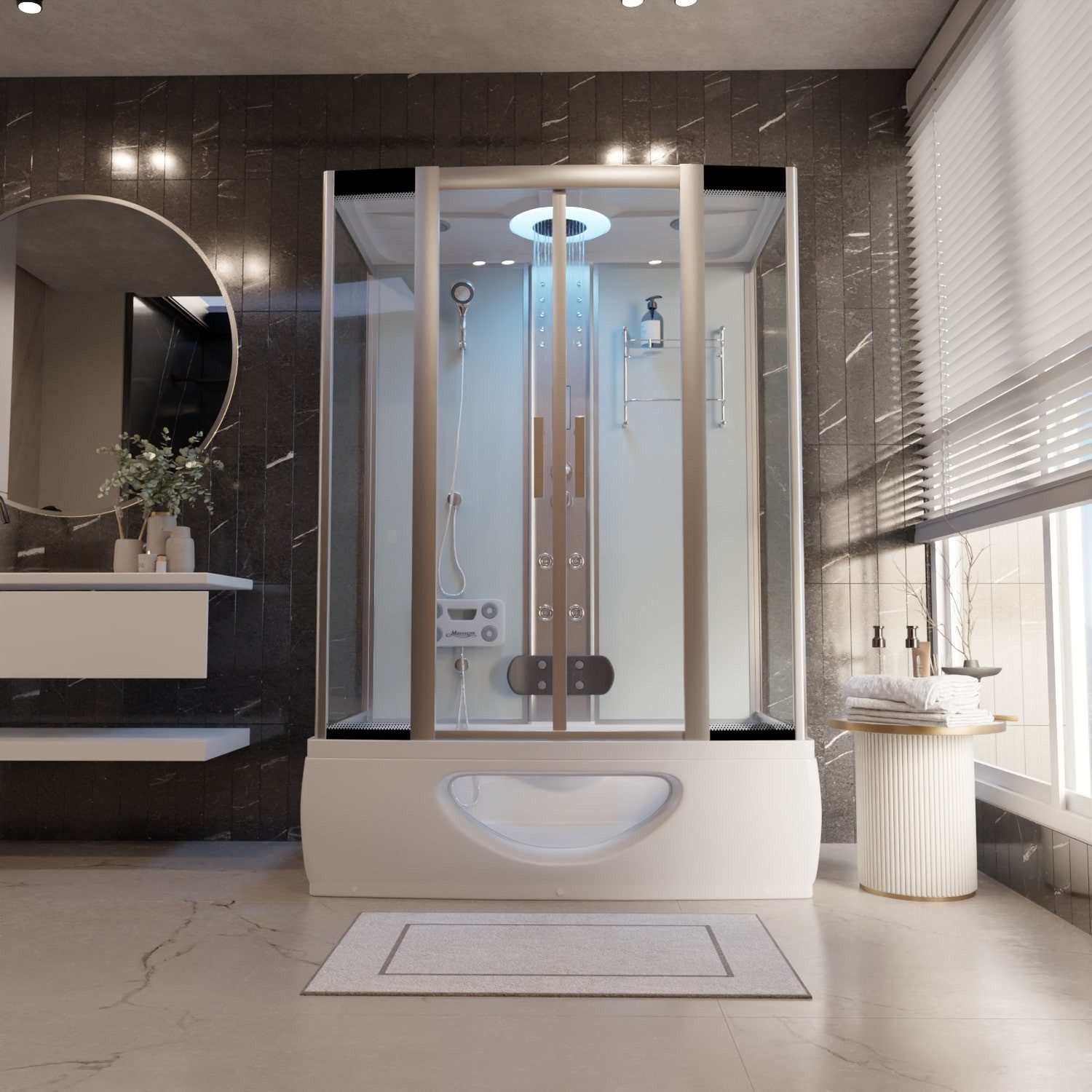 TroniTechnik Eckdusche IKARIA Acrylbadewanne mit Rundum- Sicherheitsglas, Farblichttherapie, BxT: 135x80 cm, Komplettdusche inkl. Farblicht, Radio, und Massagefunktion, Whirlduschkombination mit Sanitäracryl, 135cm x 80cm x 220cm, Sicherheitsglas, integriertes Radio, Massagefunktion
