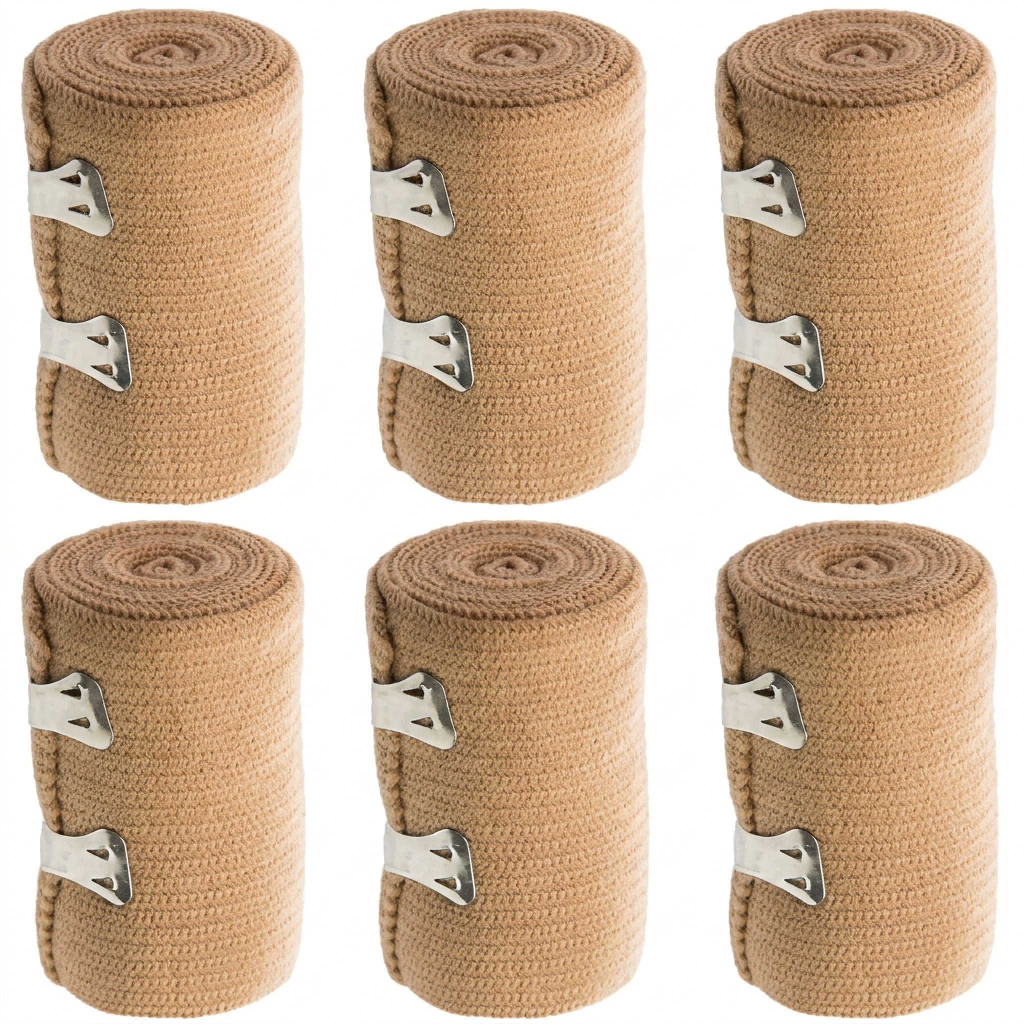 FIGO Bandage 6x Elastikbandage Beige, 75mm x 1150mm – Flexibler Halt (Set, 6-tlg., Elastikbandage), Fixierbandage Fixierbinde Sportbandage Kompressionsbinde Sportbinde