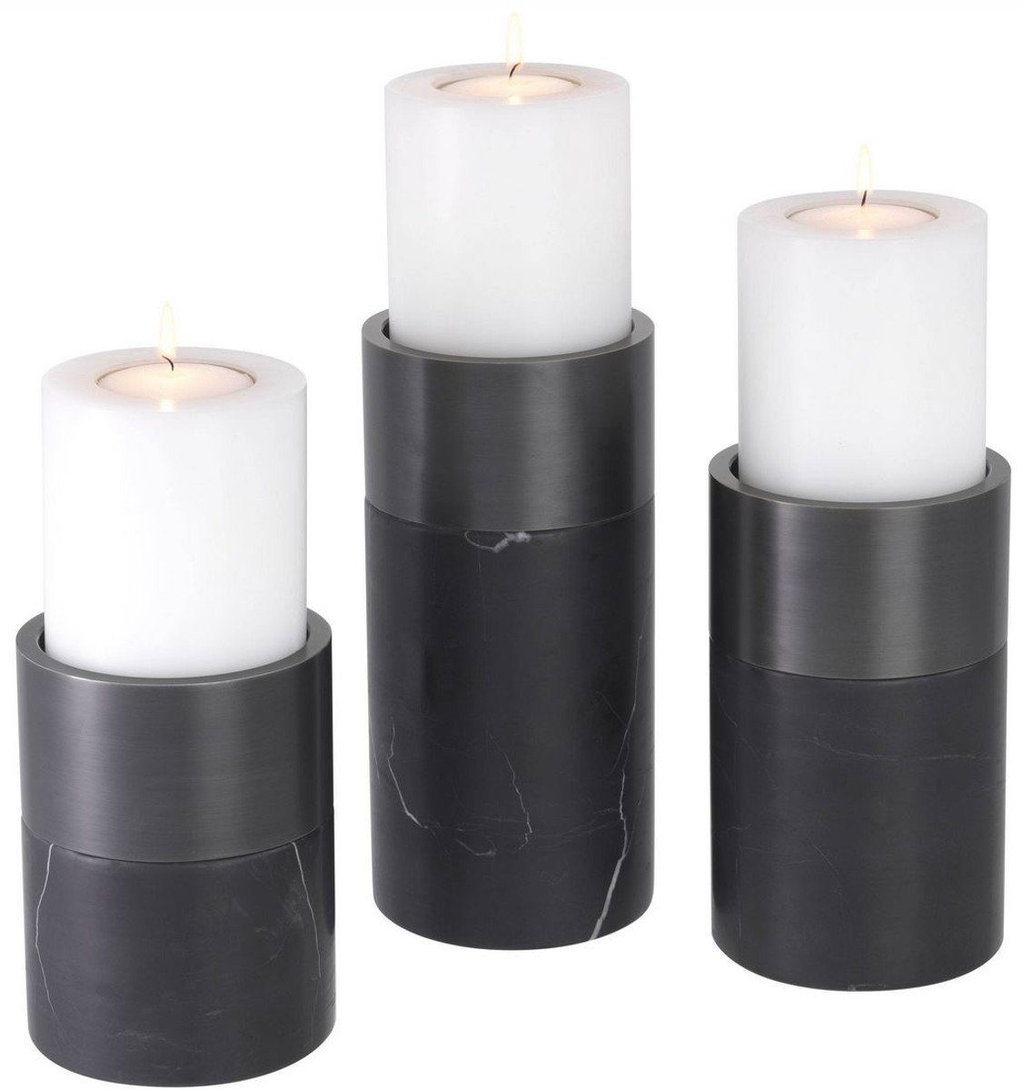 Casa Padrino Kerzenhalter Luxus Kerzenhalter Set Schwarz / Bronzefarben - 3 runde Marmor Kerzenhalter - Luxus Qualität - Deko Accessoires