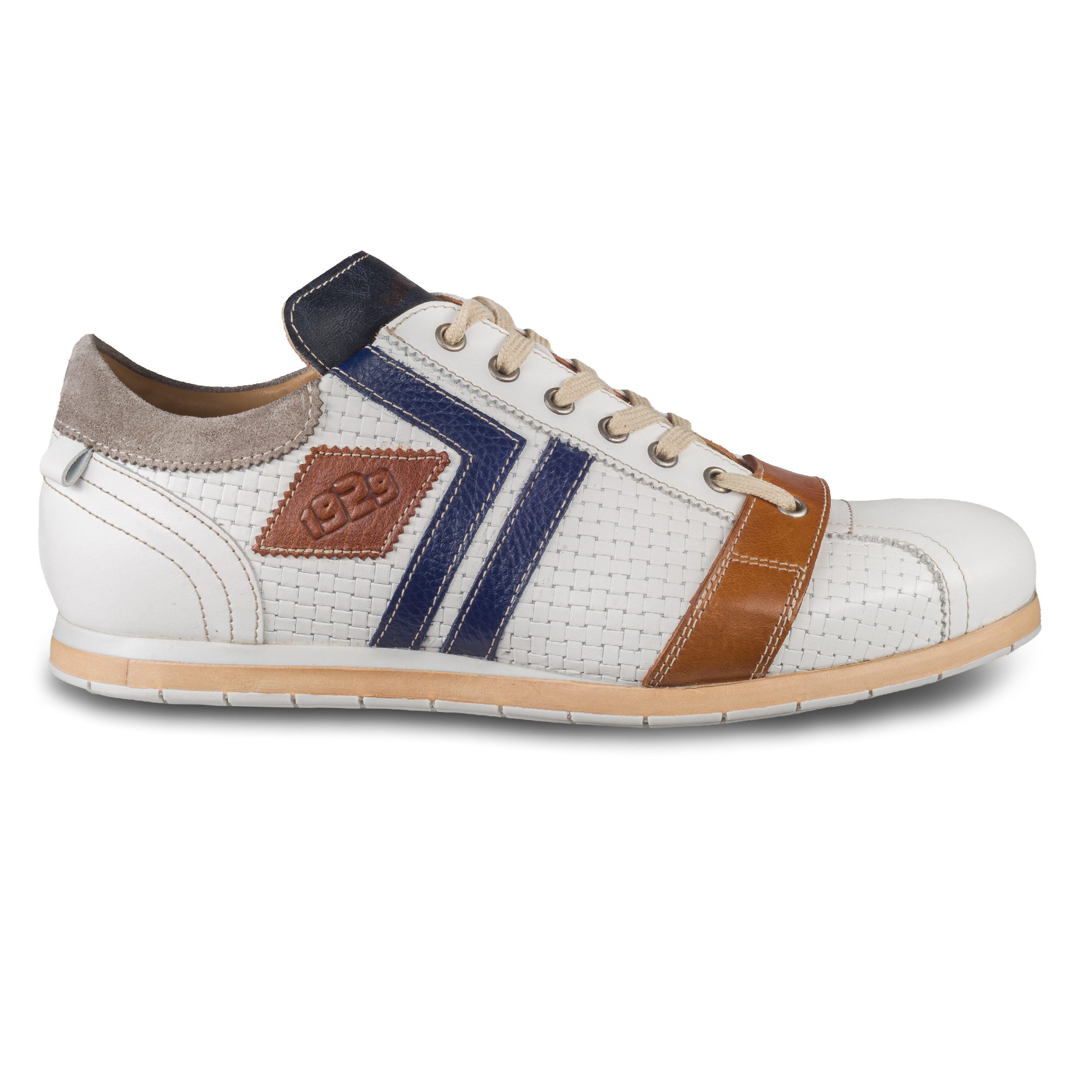 Kamo-Gutsu Herren Sneaker Leder weiß/braun/blau (TIFO-030 bianco), Flechtoptik Sneaker Handgefertig in Italien