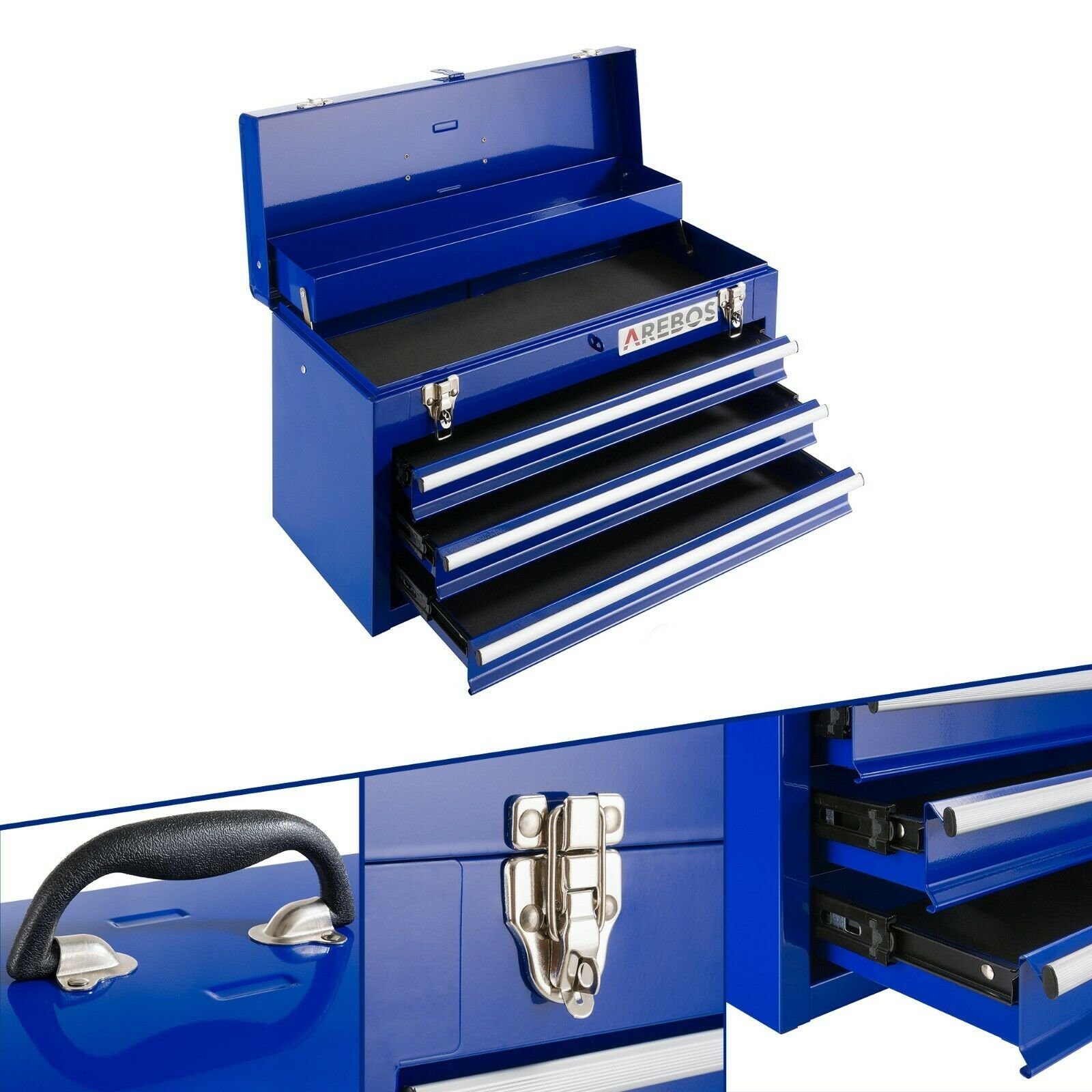 Arebos Werkzeugkoffer mit 3 Schubladen & 2 Ablagefächern blau