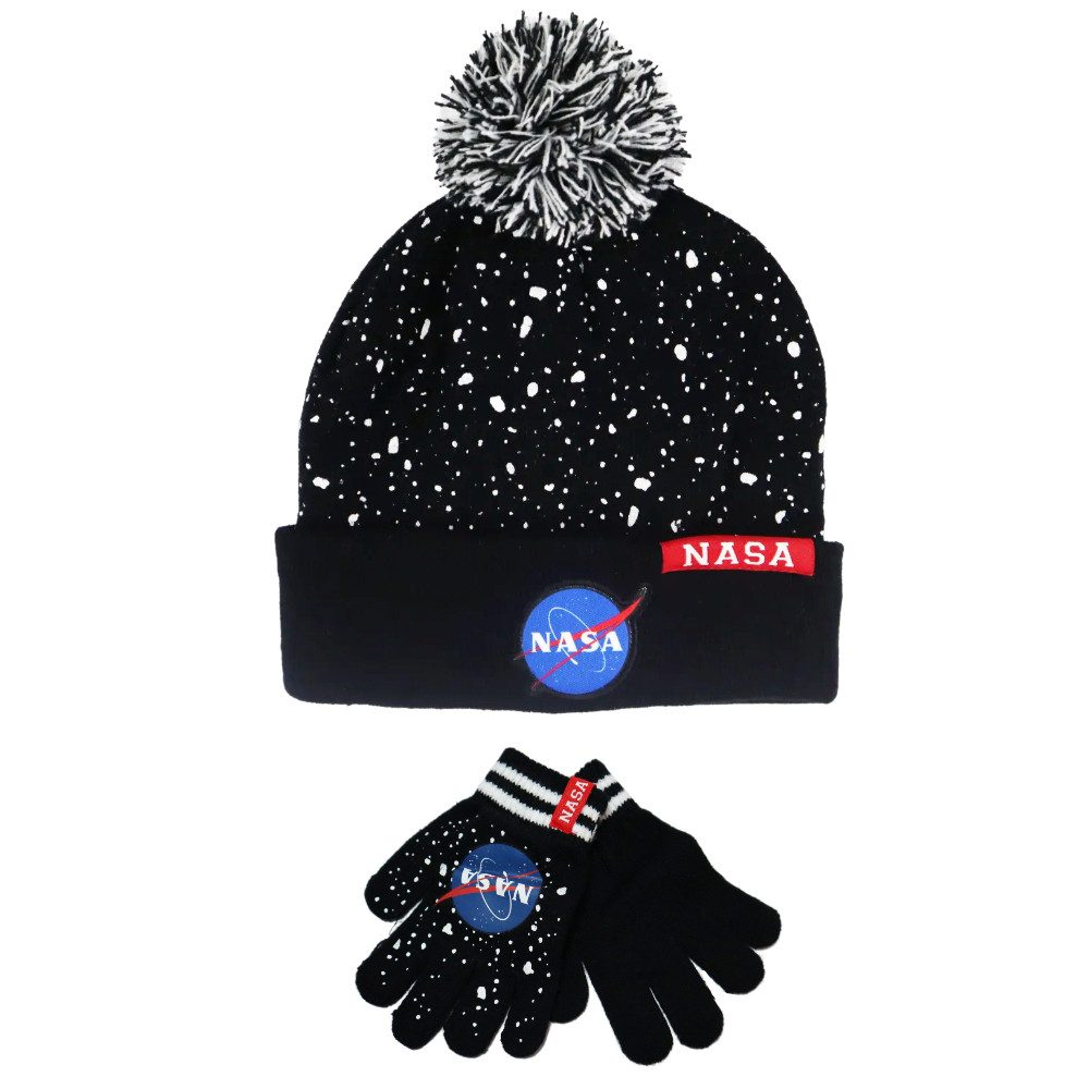 EplusM Bommelmütze NASA Space Center - Kinder Herbst Winter Set Mütze Handschuhe Gr. 54 bis 56