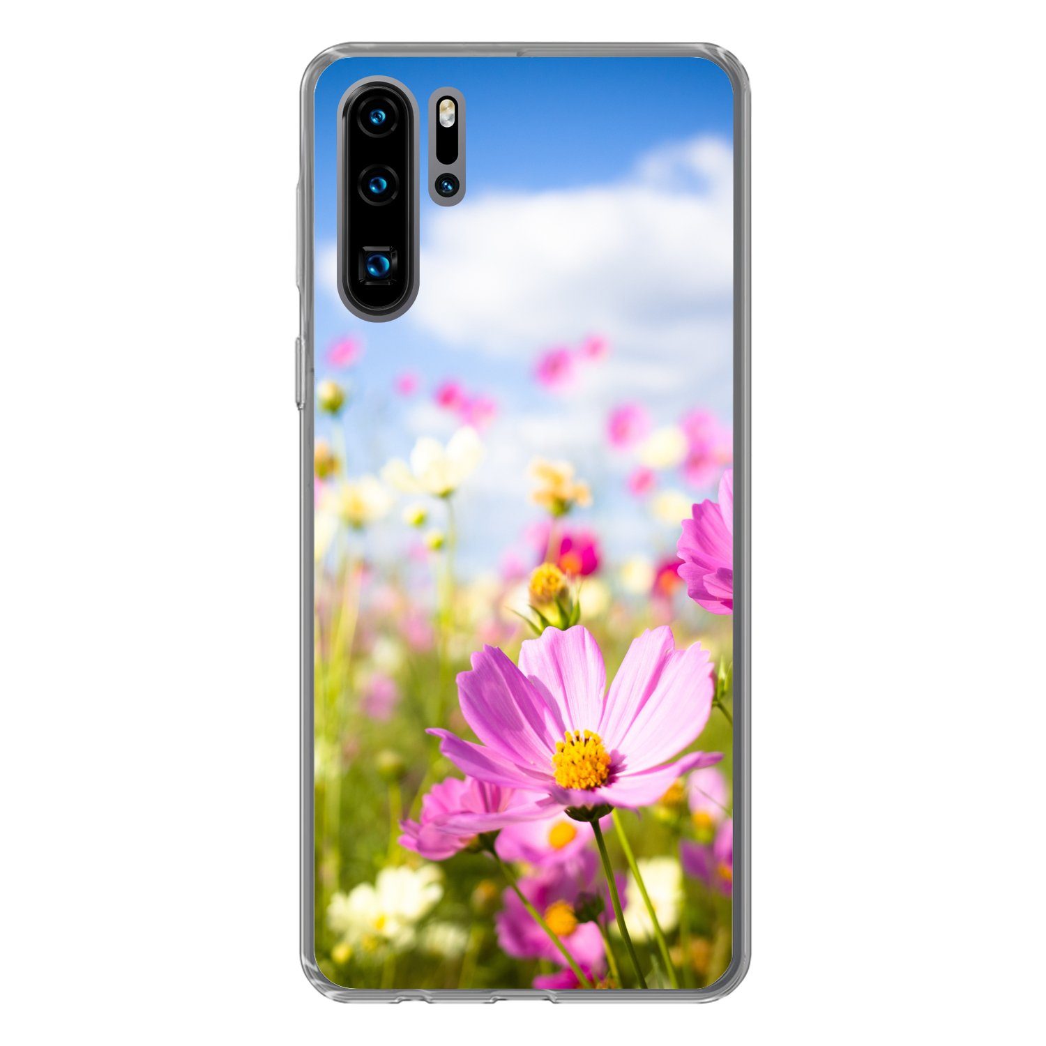 MuchoWow Handyhülle für Huawei P30 Pro Blumen - Wiese - Lila - Gras - Weiß - Wolken - Blau, Handy Case, Silikon, Bumper Case Dünn