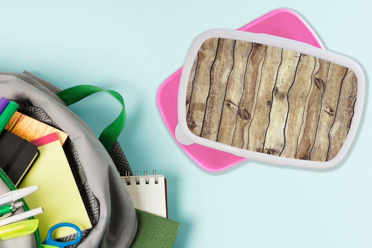 Brotbox Kunststoff, Erwachsene, Mädchen, - Kunststoff für Snackbox, MuchoWow Kinder, (2-tlg), Rustikal, Holz Brotdose rosa Regale - Lunchbox