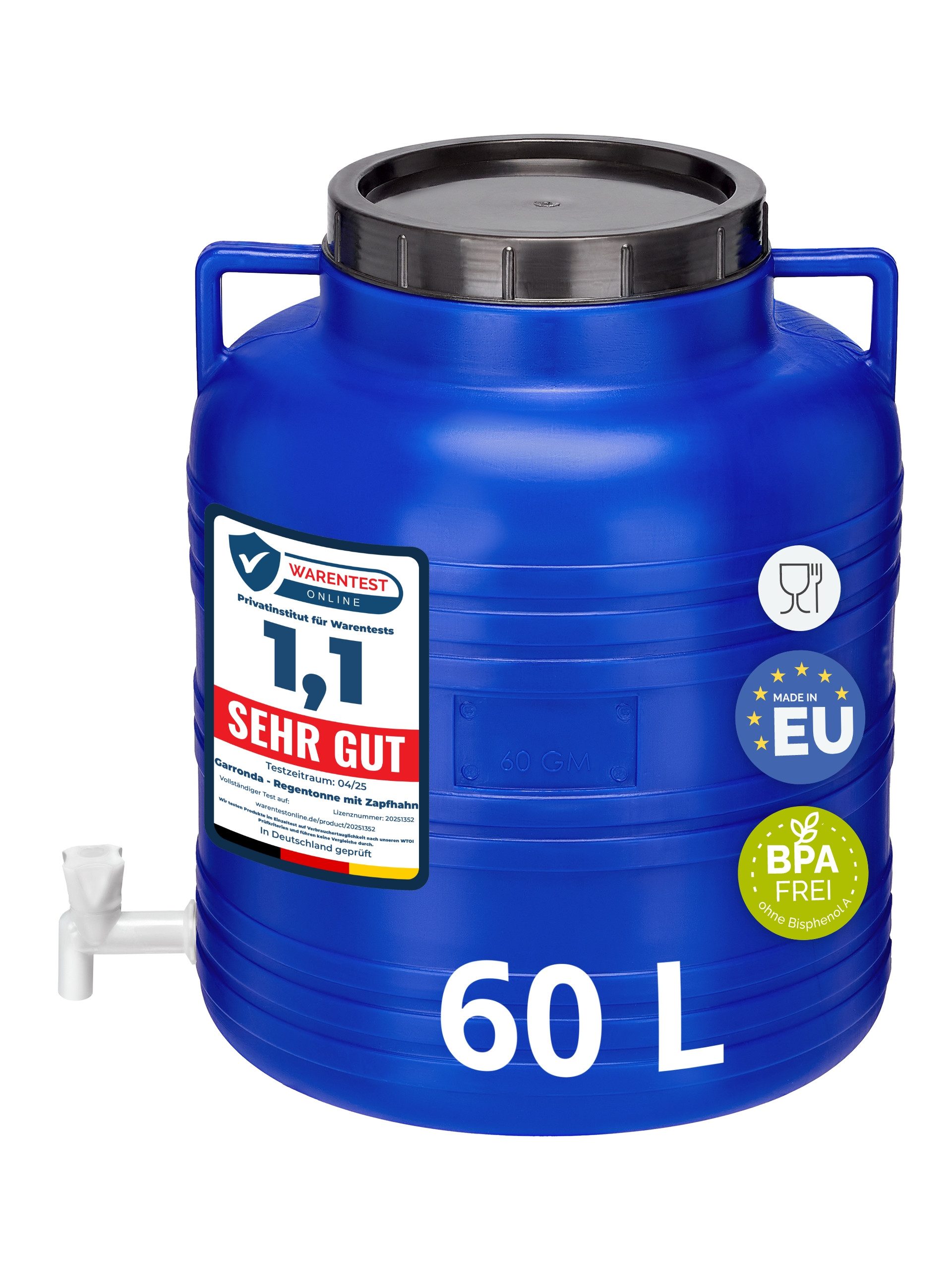 Garronda Regentonne 60 L BPA-freies Fass mit Deckel und Hahn Weithalsfass GD-0090, Blau, 60 l