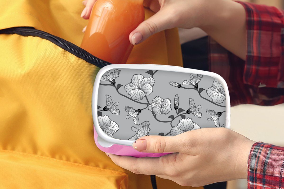 MuchoWow Lunchbox rosa Kunststoff, (2-tlg), Grau Muster, Kunststoff Snackbox, Hibiskus - Tropisch - Brotdose - Kinder, für Mädchen, Erwachsene, Brotbox