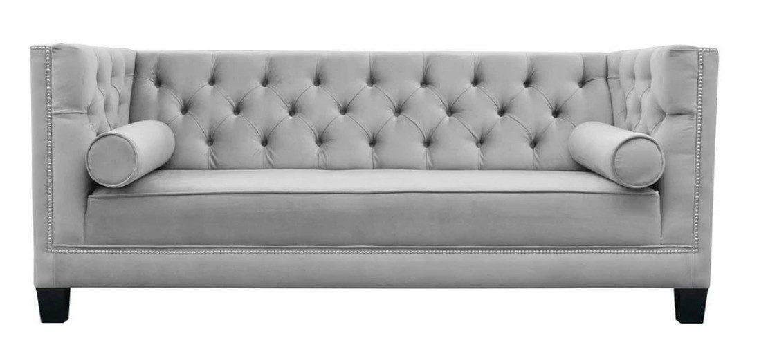 Chesterfield-Sofa Grau Samt Sofa mit Wellenunterfederung und Holzfüßen