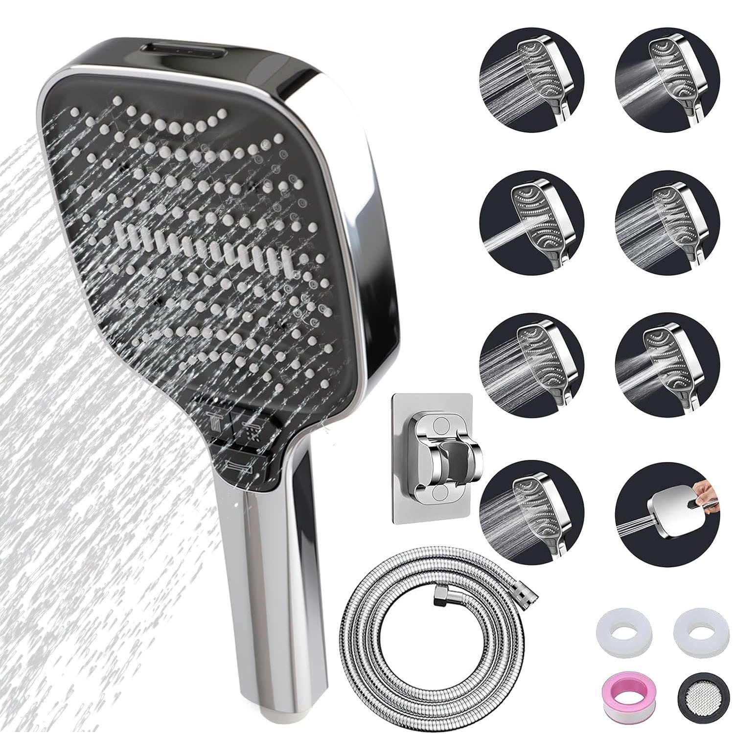 HEYHIPPO Regenduschkopf Silber Duschkopf Set mit 1,5m Schlauch und Halter, 8 Strahlarten, (Anti-Kalk, mehrere Wassermodi, wandmontierter Duschkopf), Handbrause fürs Bad mit Druckfunktion, Silber Chrom, 26,5x12 cm