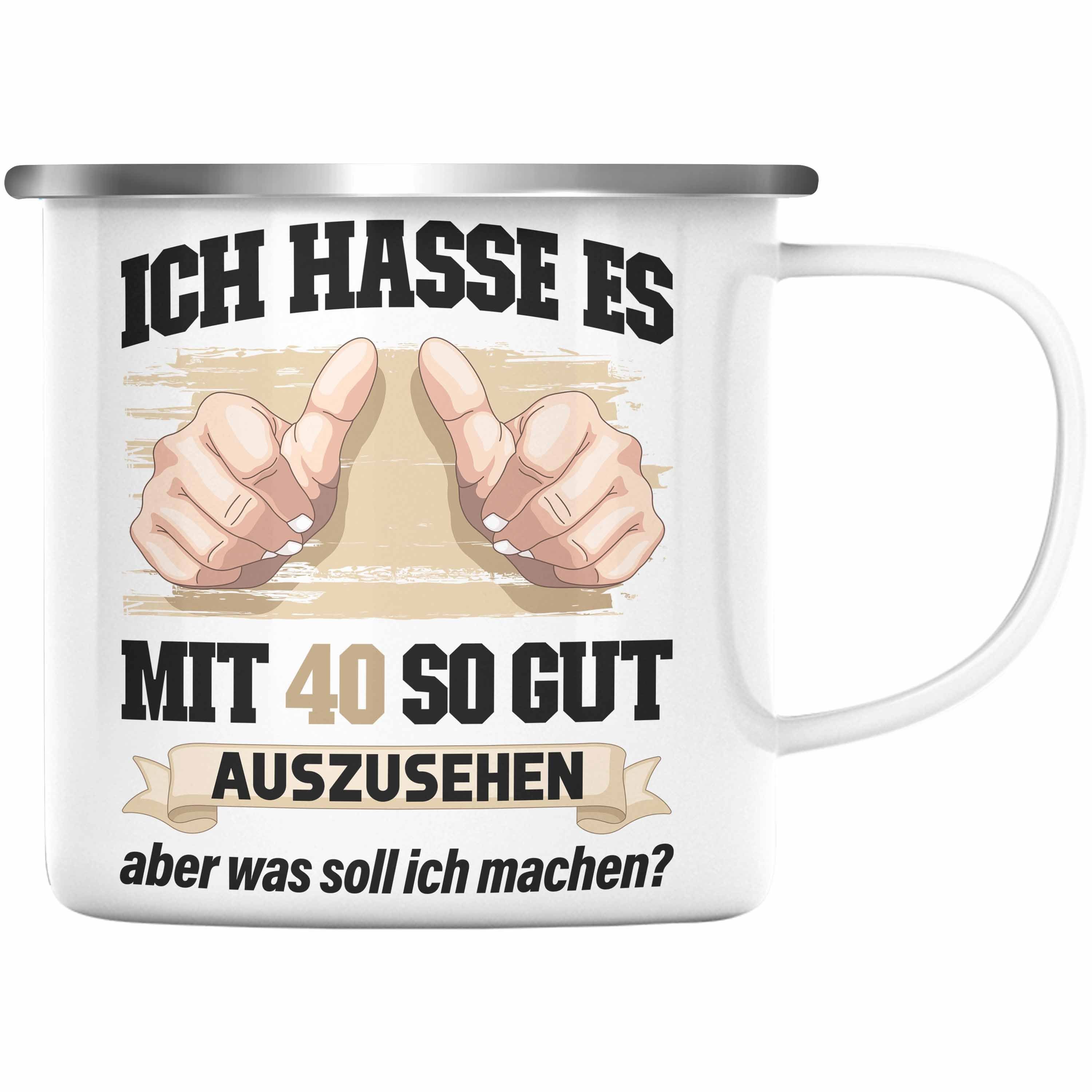 Trendation Thermotasse Trendation - 40. Geburtstag Emaille Tasse Frau Männer Geschenk 40er Geschenkidee 40 Mutter Vater Mann Frauen Lustig Geschenke Deko Silber