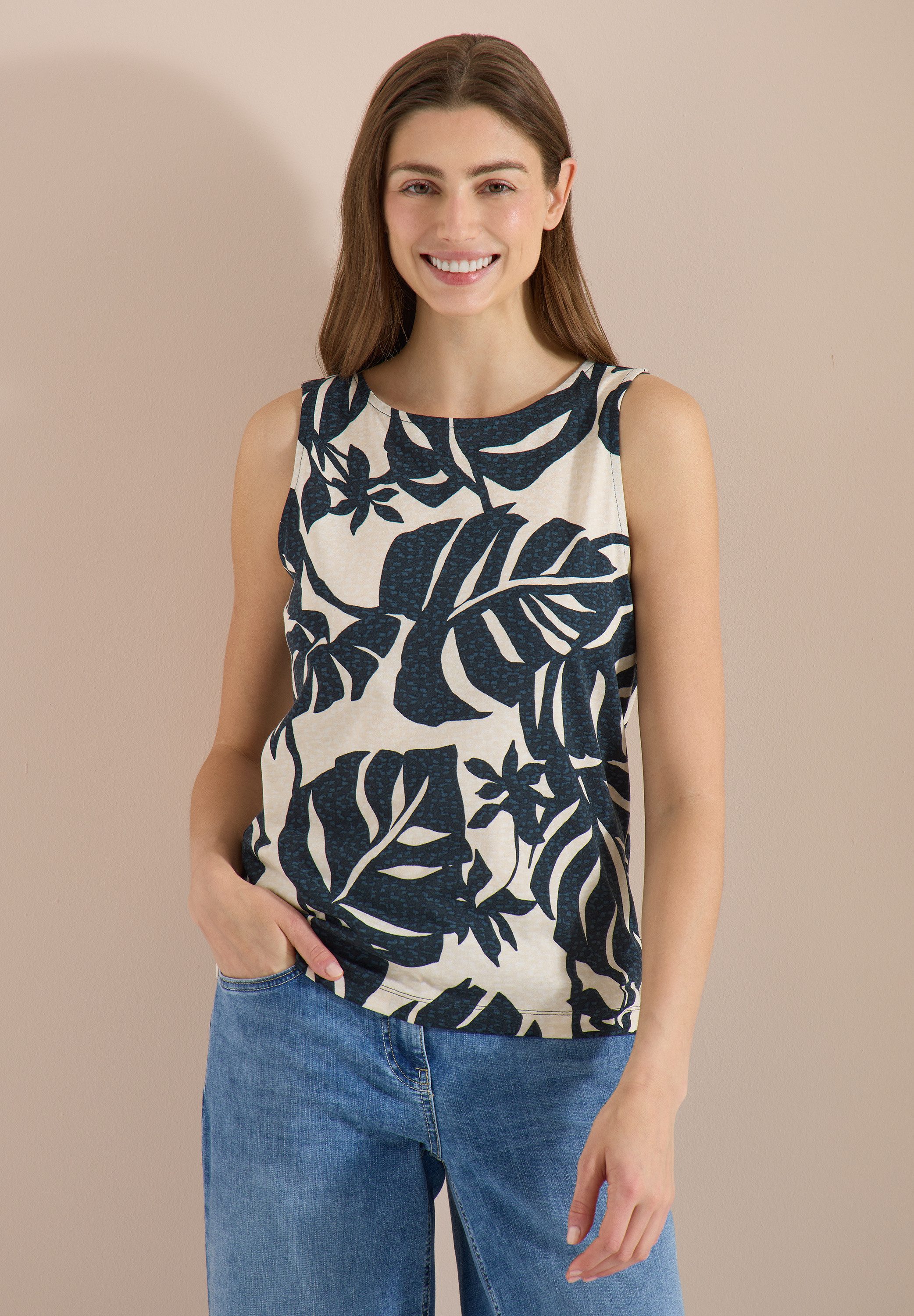 CECIL Shirttop Sommertop mit Rundhals und Blätterprint