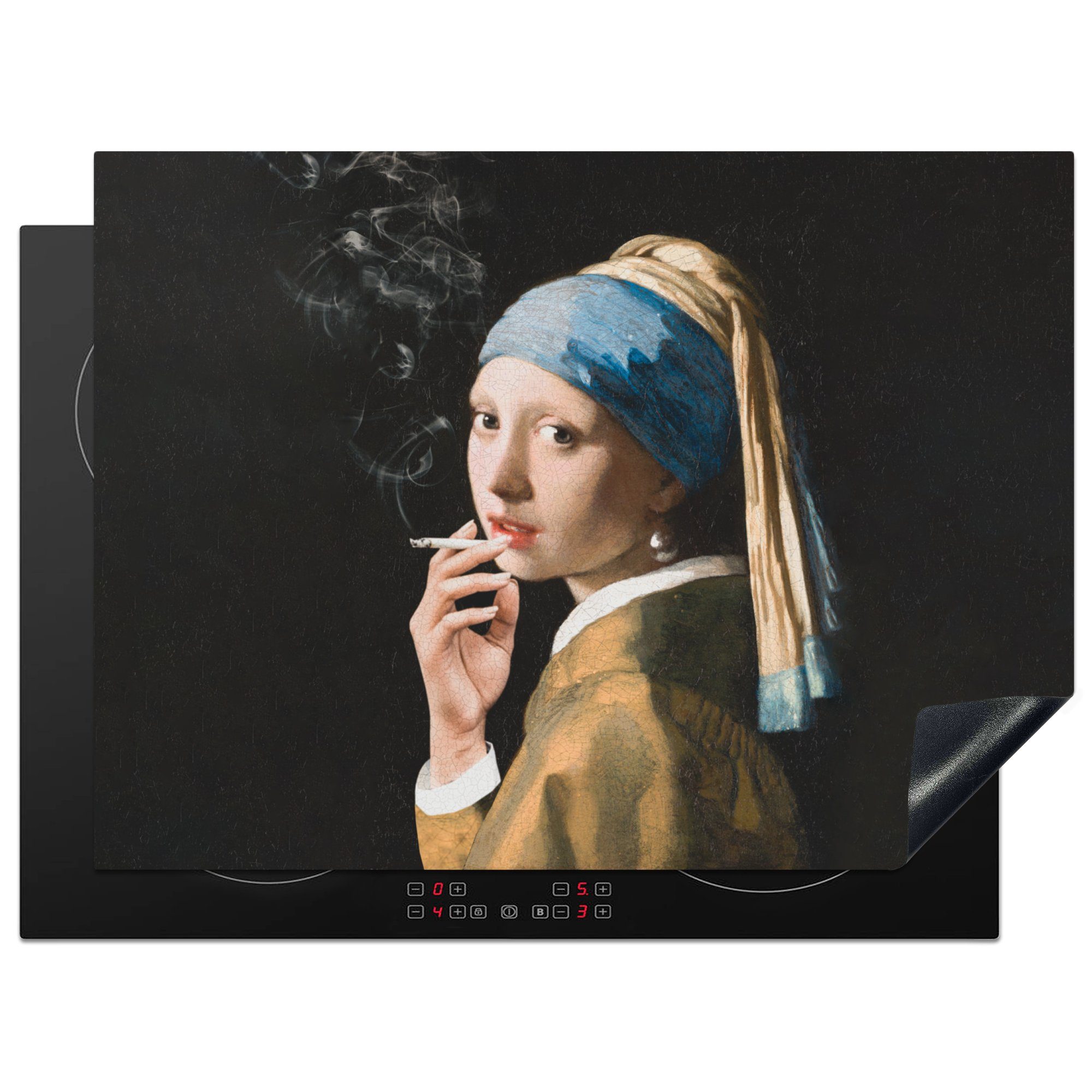 MuchoWow Herdblende-/Abdeckplatte Das Mädchen mit dem Perlenohrring - Vermeer - Zigarette, Vinyl, (1 tlg), 71x52 cm, Induktionskochfeld Schutz für die küche, Ceranfeldabdeckung