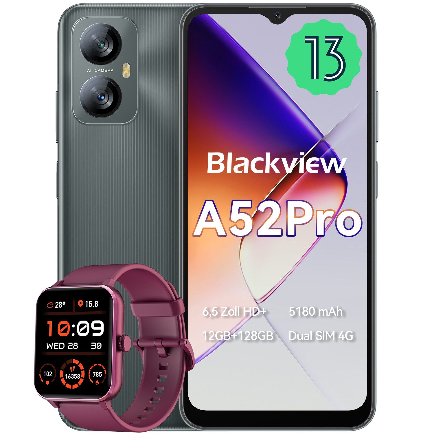 blackview A52Pro(6+128) incl. R50 Smartphone (6.5 Zoll, 128 GB Speicherplatz, 13 MP Kamera, Fingerabdruck, Dual SIM 4G, Android 13)