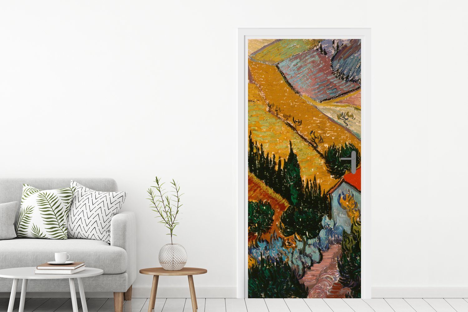 mit Haus Gogh, einem für Ackerbauern Landschaft 75x205 Türaufkleber, St), (1 - einem bedruckt, Türtapete Vincent cm van Tür, MuchoWow Matt, und Fototapete